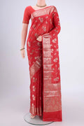 Imperial Red Banarasi Tussar Silk Saree with Zari And Thread Butta on the body and Zari And Thread Border.  displayed on a mannequin