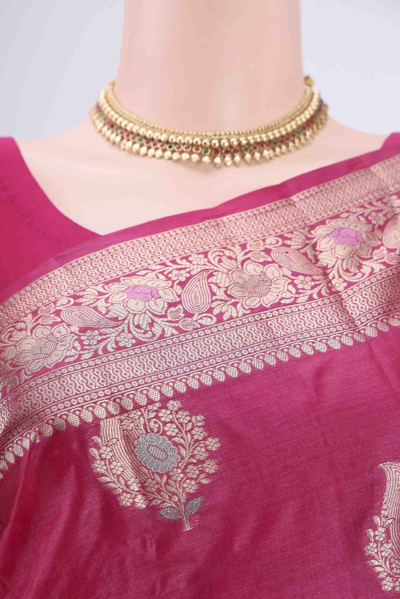 Border image of Pink Banarasi Tussar Silk Saree with Zari And Thread Butta on the body and Zari And Thread Border. 