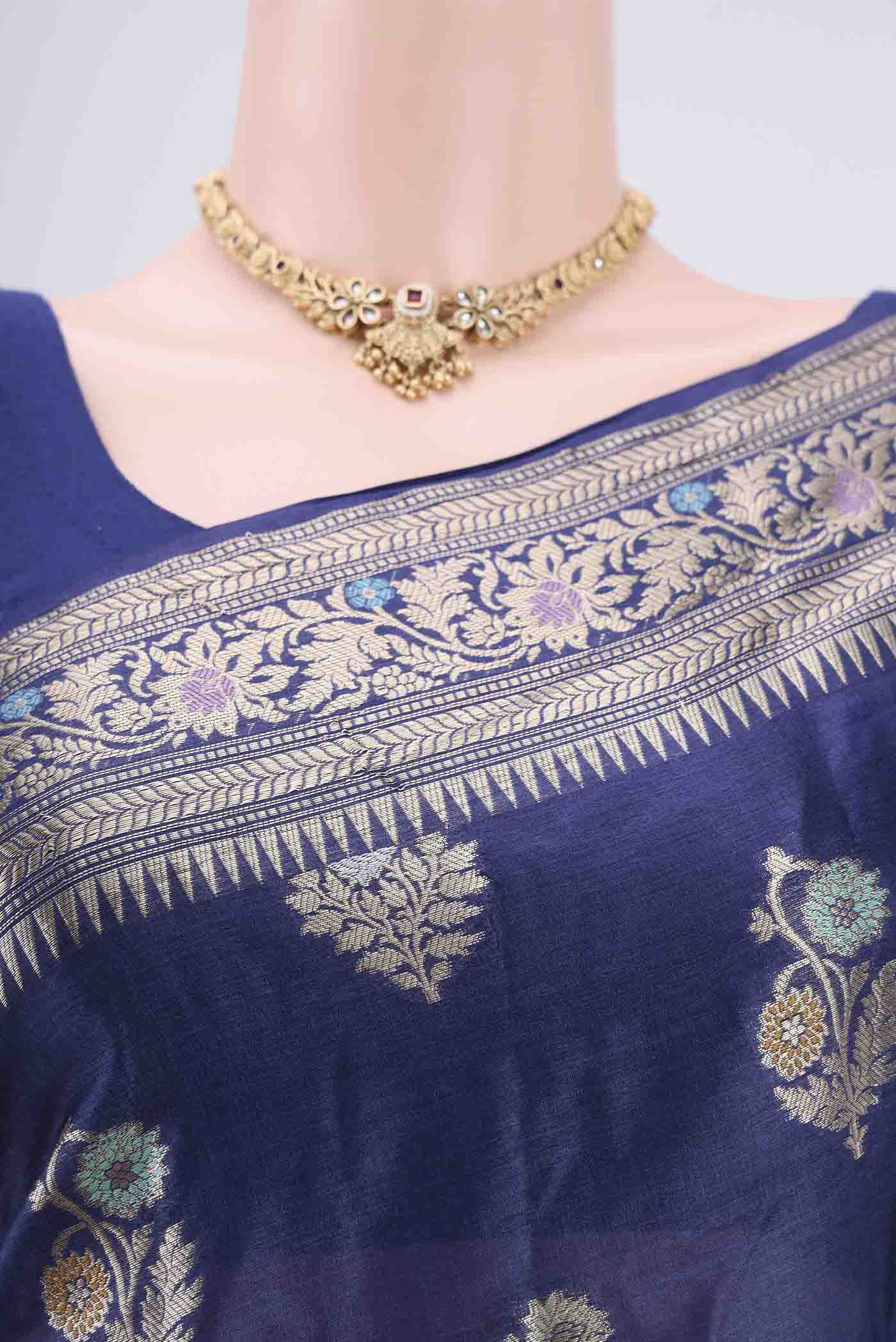 Border image of Navy Blue Banarasi Tussar Silk Saree with Zari And Thread Butta on the body and Zari And Thread Border. 