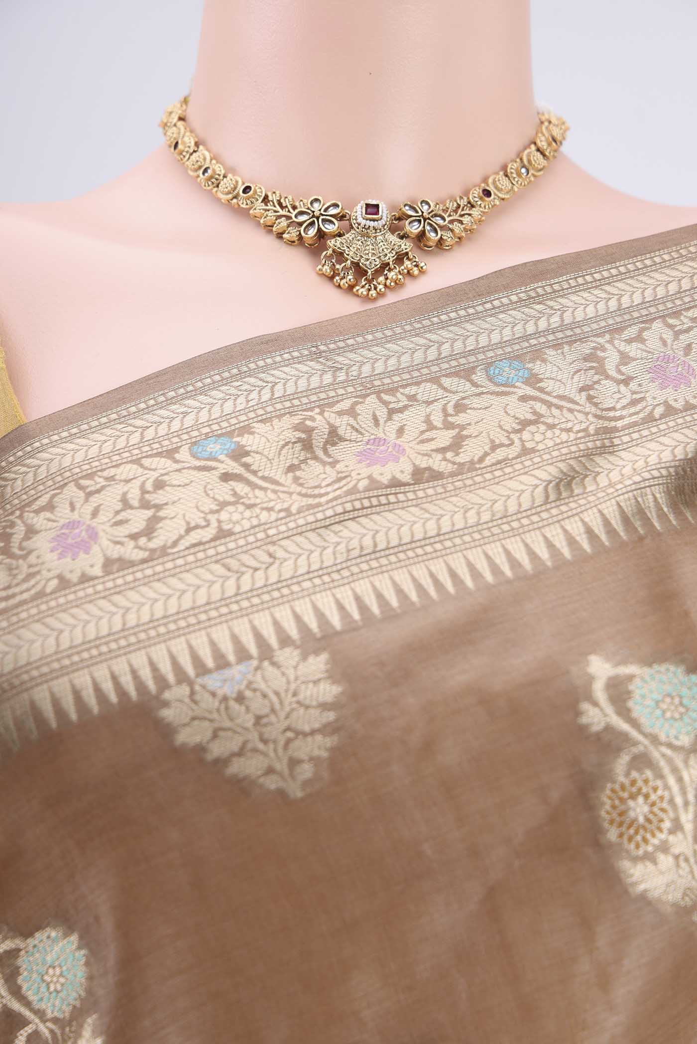Border image of Coffee Brown Banarasi Tussar Silk Saree with Zari And Thread Butta on the body and Zari And Thread Border. 