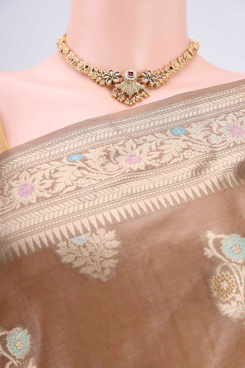 Border image of Coffee Brown Banarasi Tussar Silk Saree with Zari And Thread Butta on the body and Zari And Thread Border. 