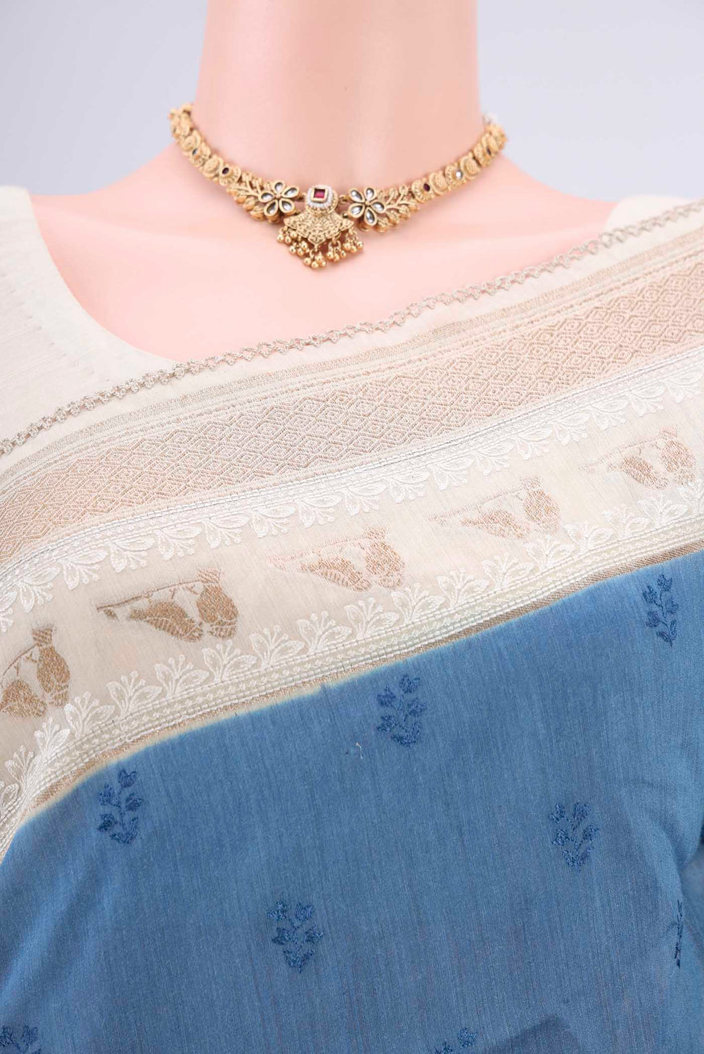 Border image of Blue MP Tussar Saree with Embroidery on the body and Zari Border. 