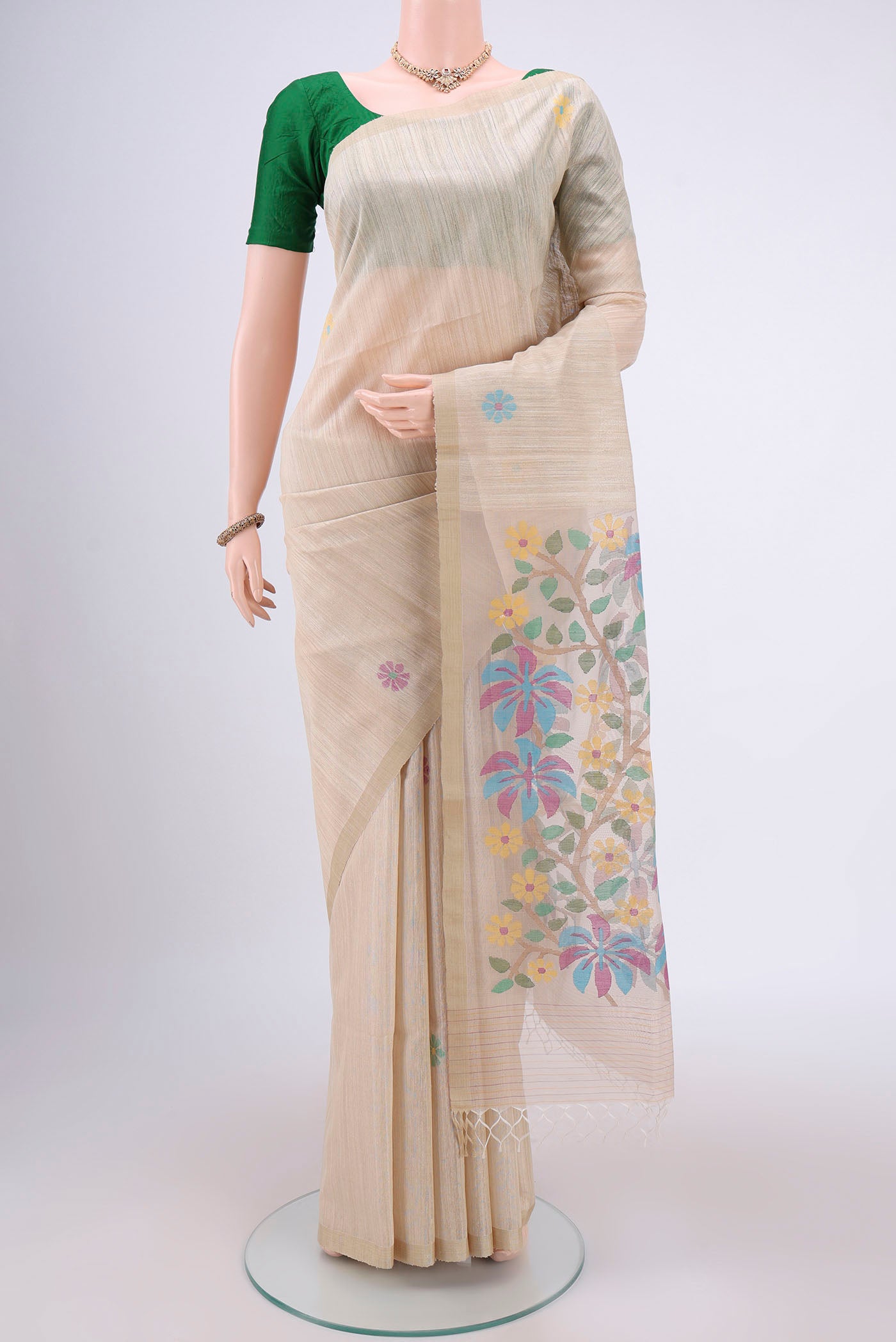 Beige Tussar Saree with Jamdani on the body and Thread Border.  displayed on a mannequin