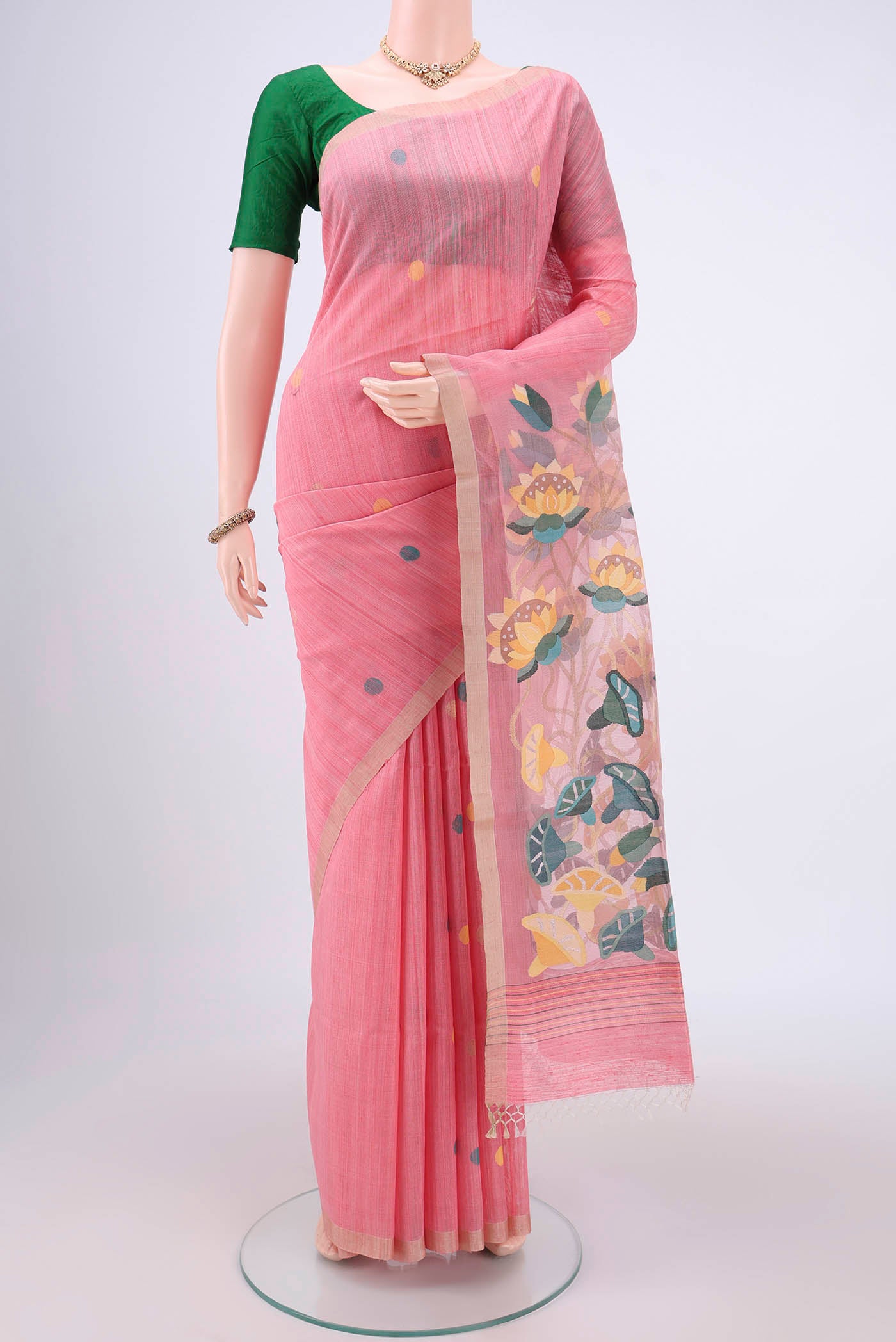 Pink Tussar Saree with Jamdani on the body and Thread Border.  displayed on a mannequin
