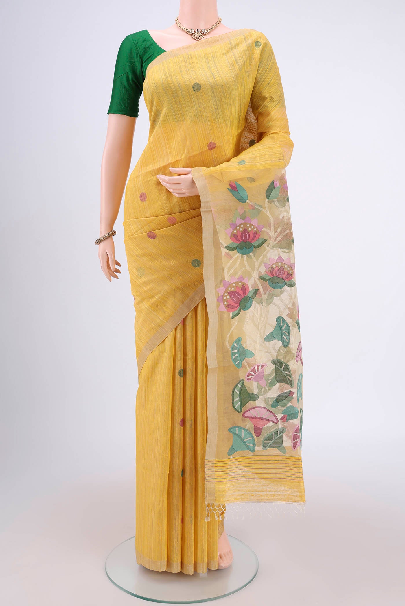 Yellow Tussar Saree with Jamdani on the body and Thread Border.  displayed on a mannequin