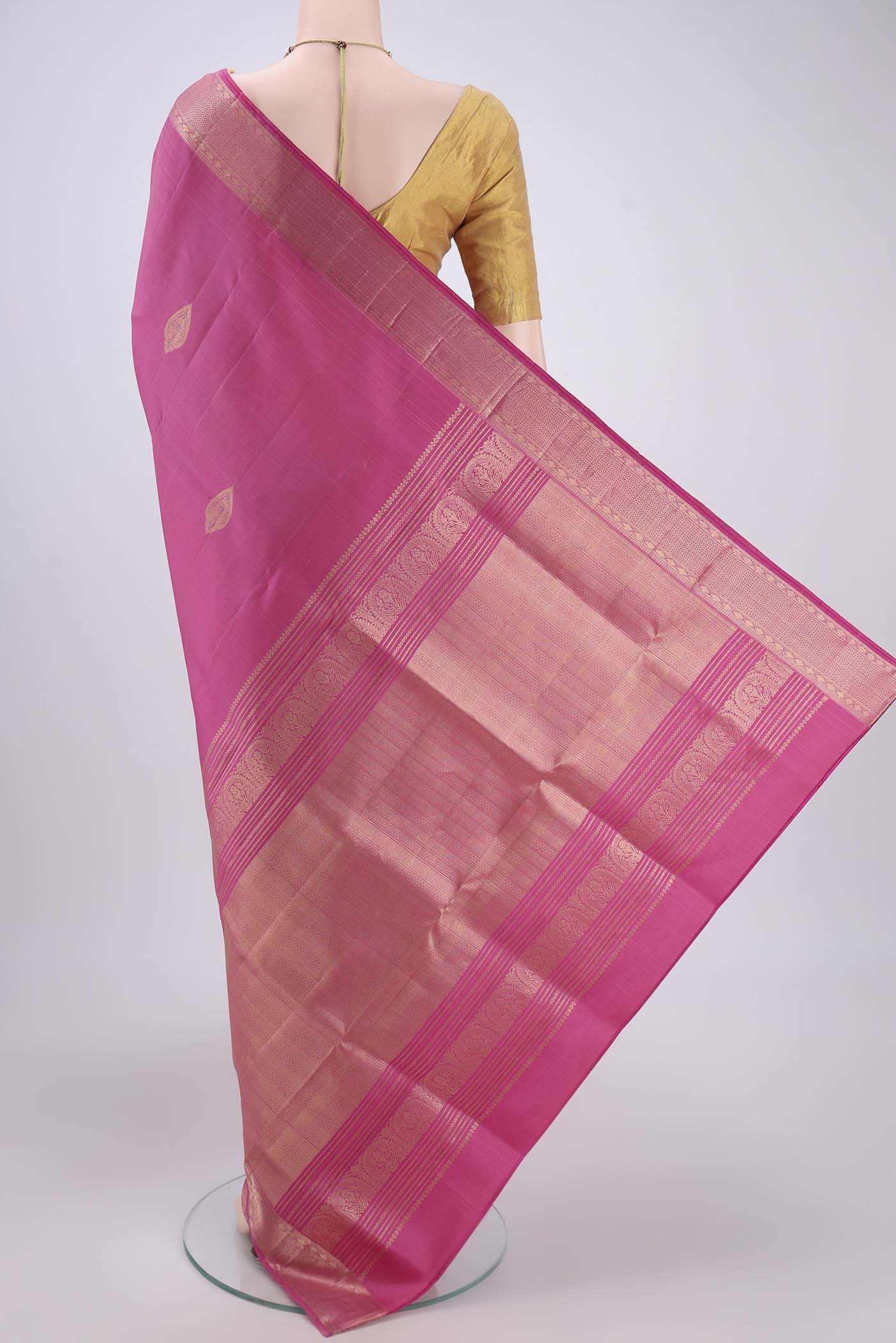 Flat view of Pink Dual Tone Soft Silk Saree with Zari Butta on the body and Zari Border. 