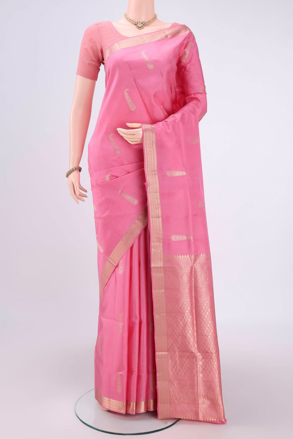 Rose pink Dual Tone Soft Silk Saree with Zari Butta on the body and Zari Border.  displayed on a mannequin