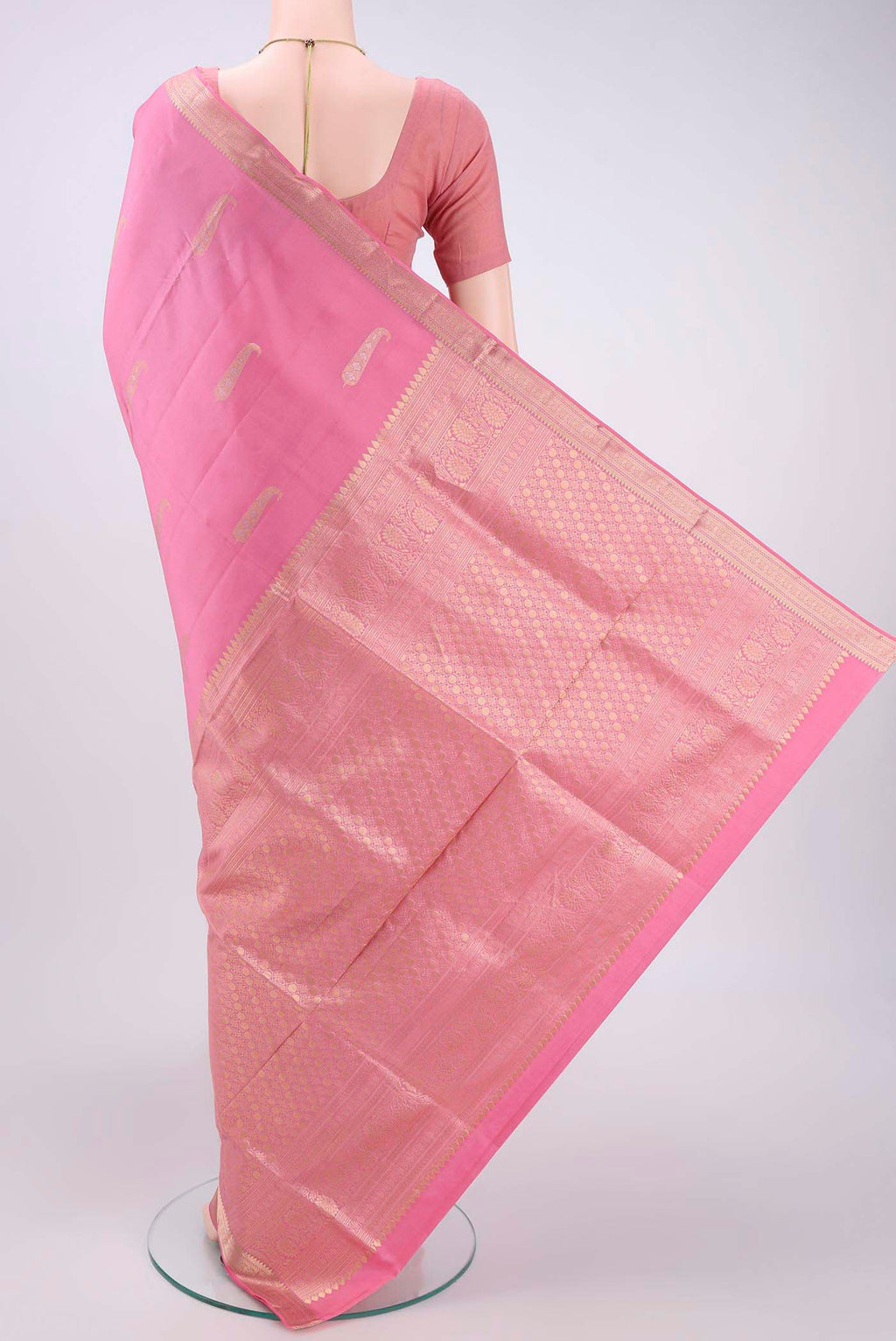 Flat view of Rose pink Dual Tone Soft Silk Saree with Zari Butta on the body and Zari Border. 