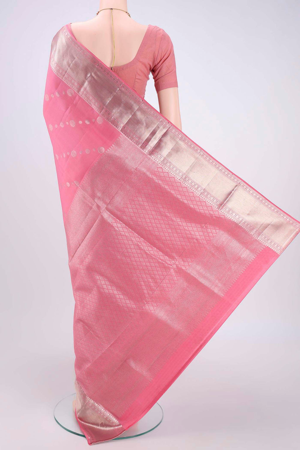 Flat view of Rose pink Dual Tone Soft Silk Saree with Zari Butta on the body and Zari Border. 