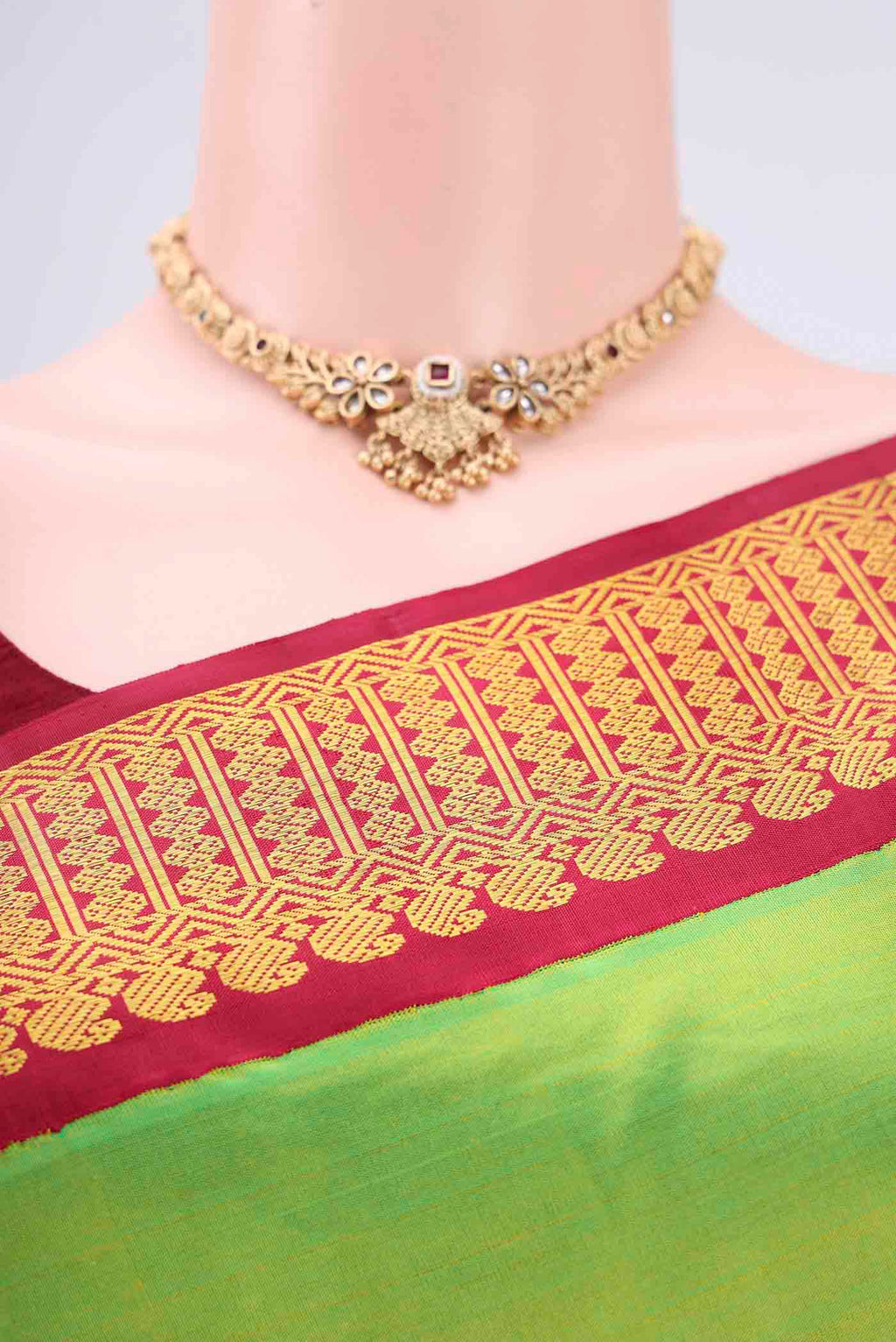 Border image of Parrot Green Kanjivaram Silk Saree with Plain Body and Zari Border. 