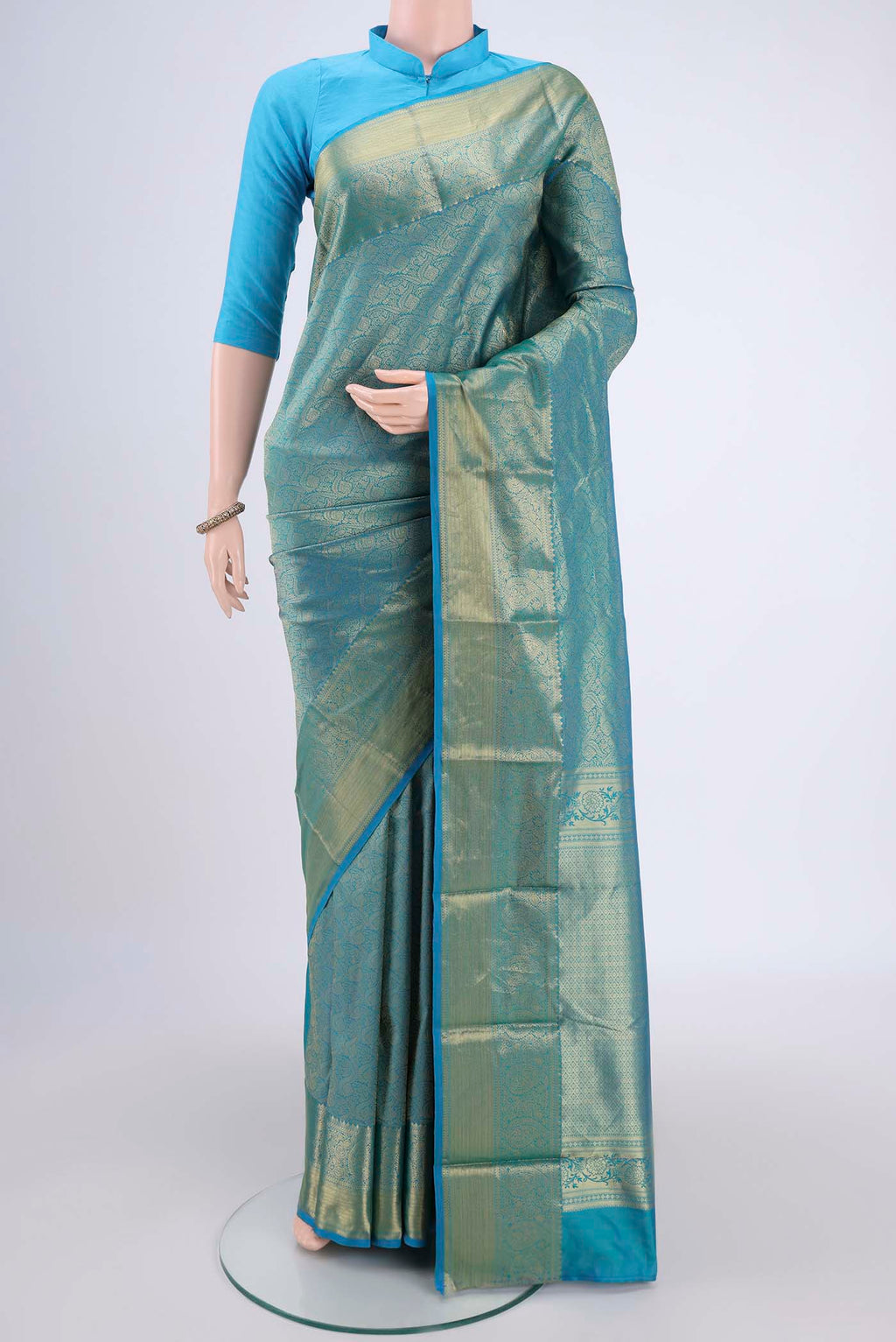 Blue Dual Tone Bangalore Silk Saree with Zari Brocade on the body and Zari Border.  displayed on a mannequin