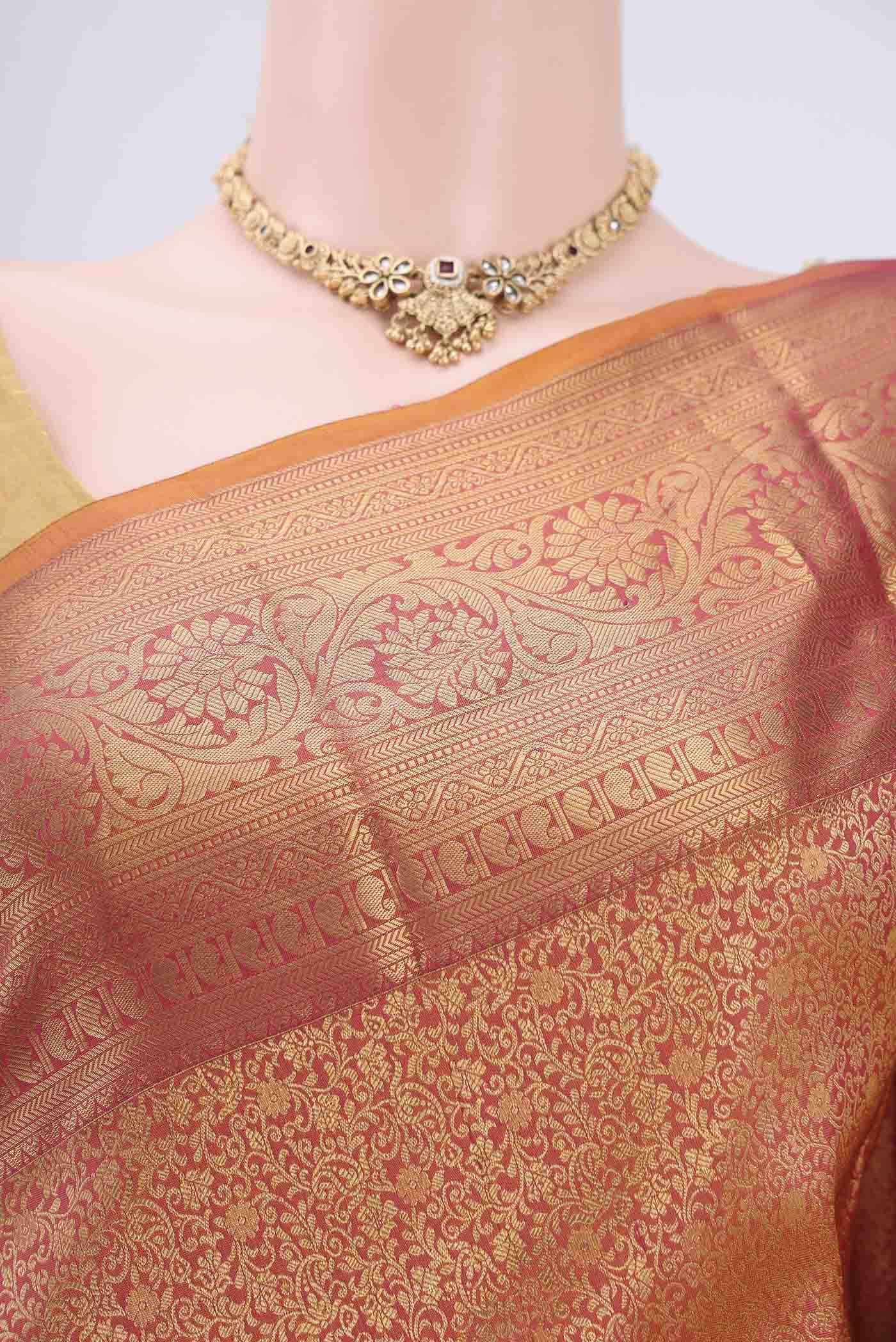 Border image of Mustard Bangalore Silk Saree with Zari Brocade on the body and Zari Border. 