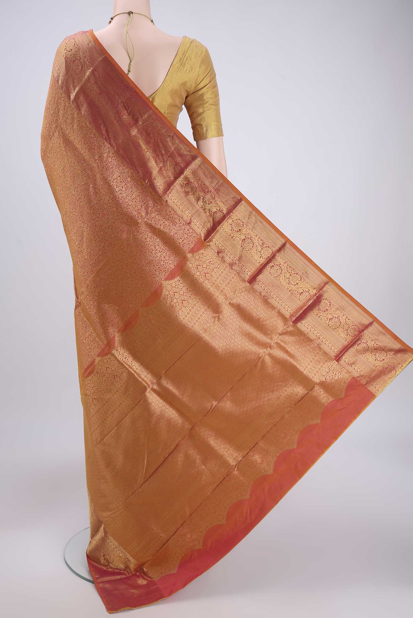Flat view of Mustard Bangalore Silk Saree with Zari Brocade on the body and Zari Border. 