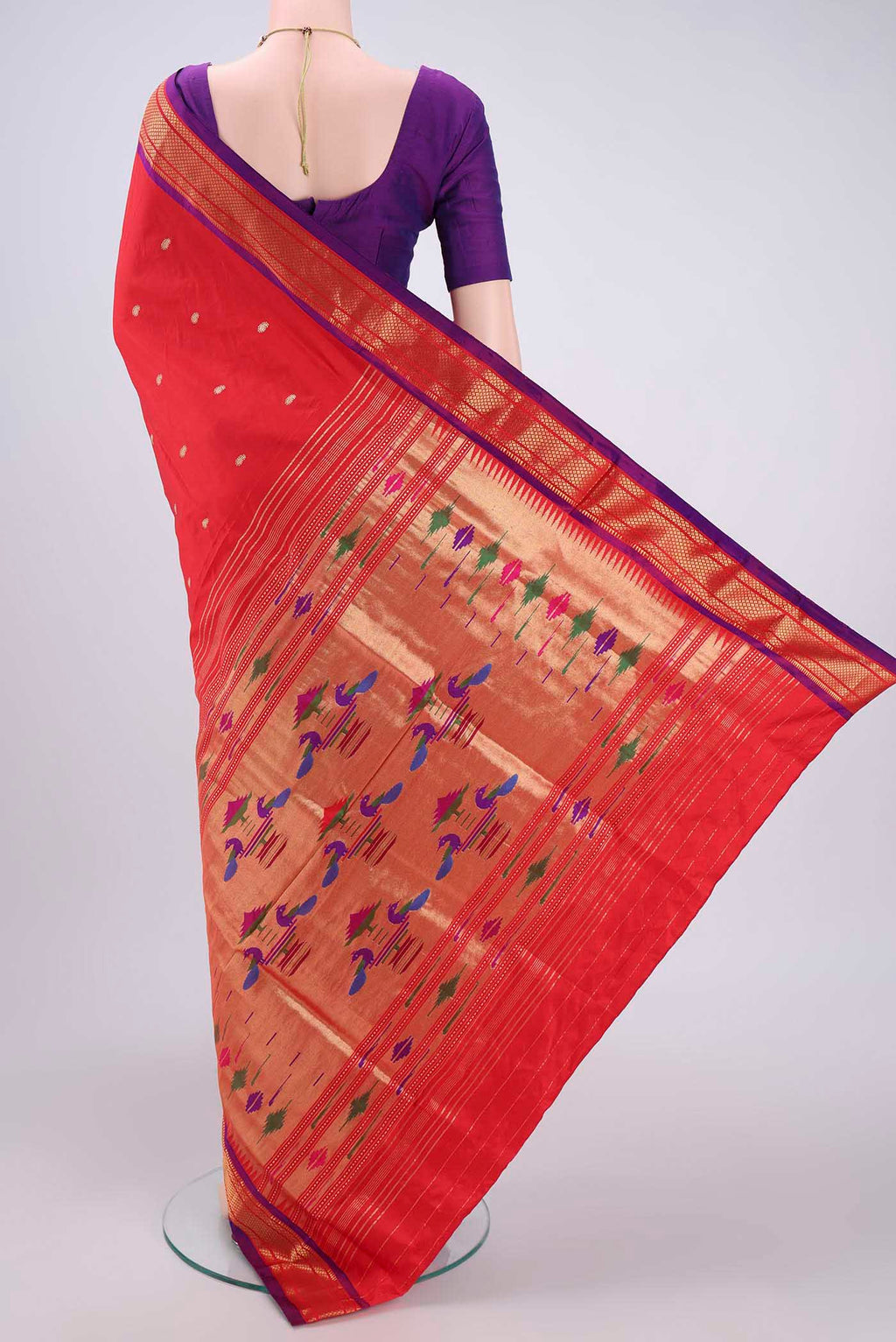 Flat view of Red Paithani Silk Saree with Zari Butta on the body and Zari Border. 