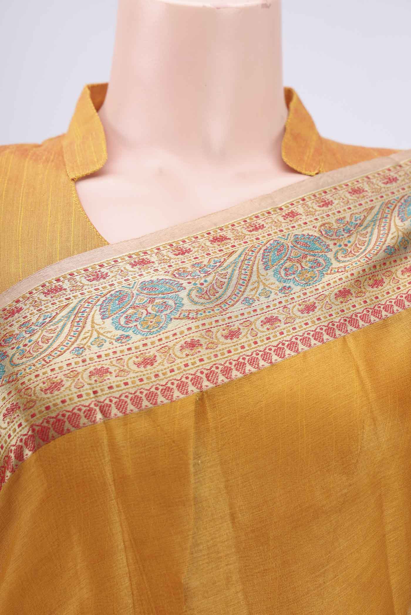 Border image of Mustard Banarasi Tussar Silk Saree with Plain Body and Zari And Thread Border. 