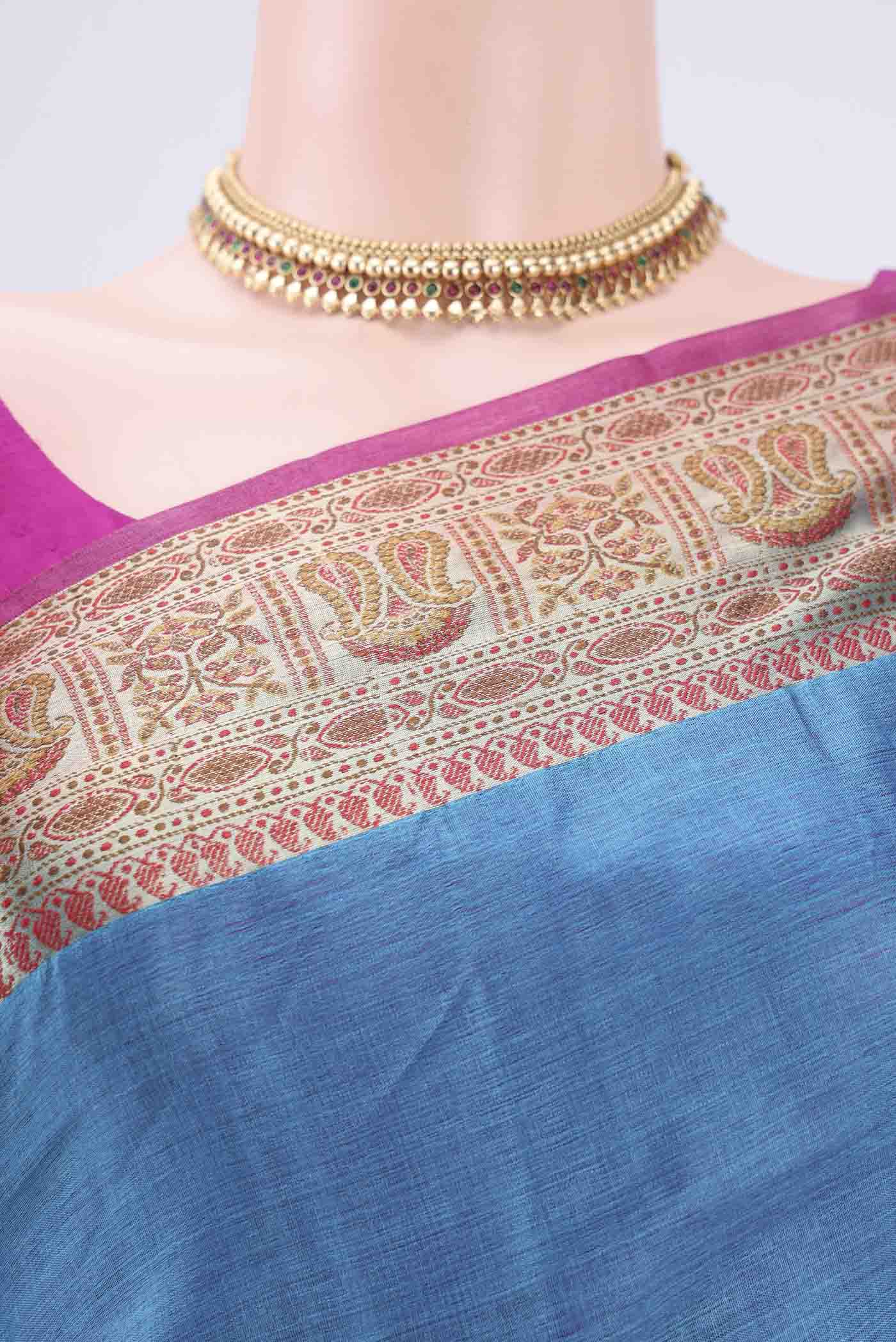 Border image of Blue Banarasi Tussar Silk Saree with Zari Butta on the body and Zari And Thread Border. 
