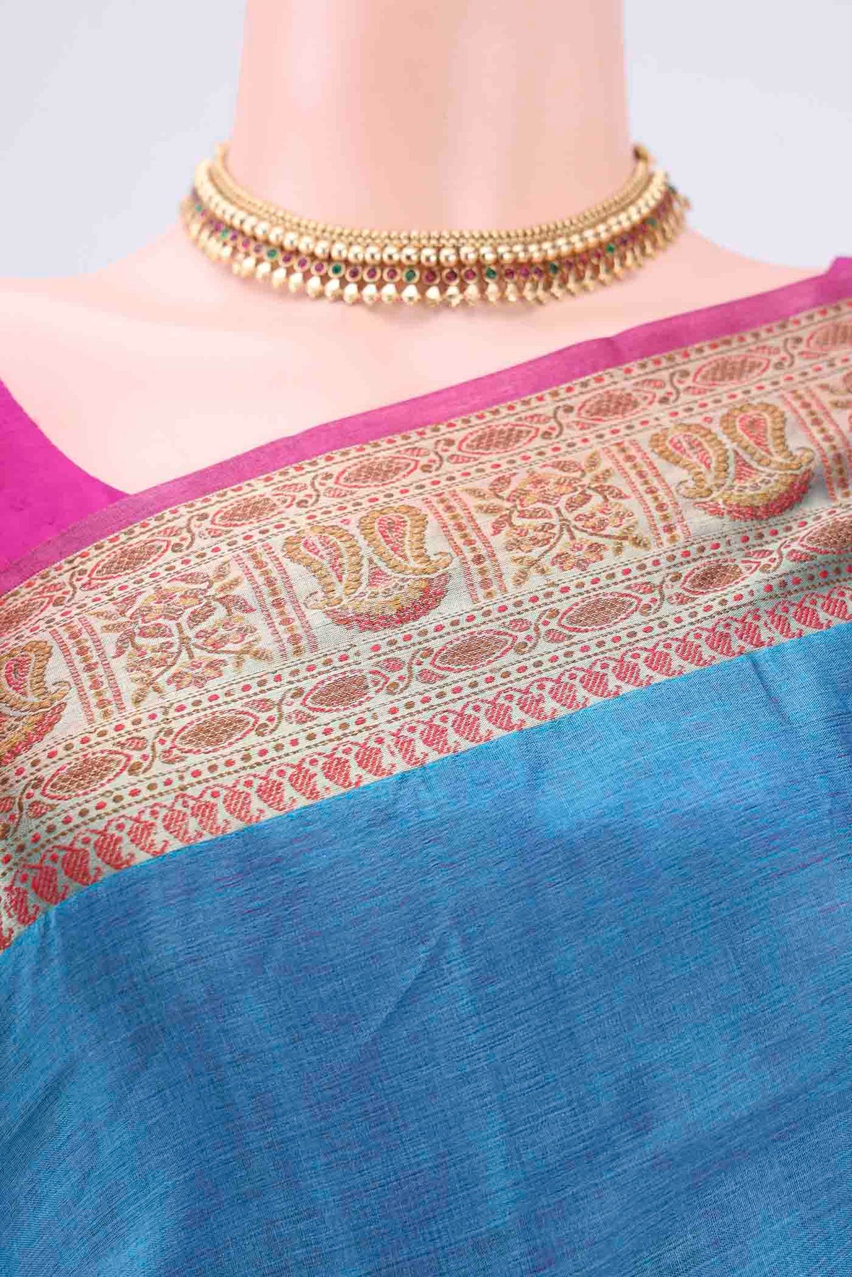 Border image of Blue Banarasi Tussar Silk Saree with Zari Butta on the body and Zari And Thread Border. 