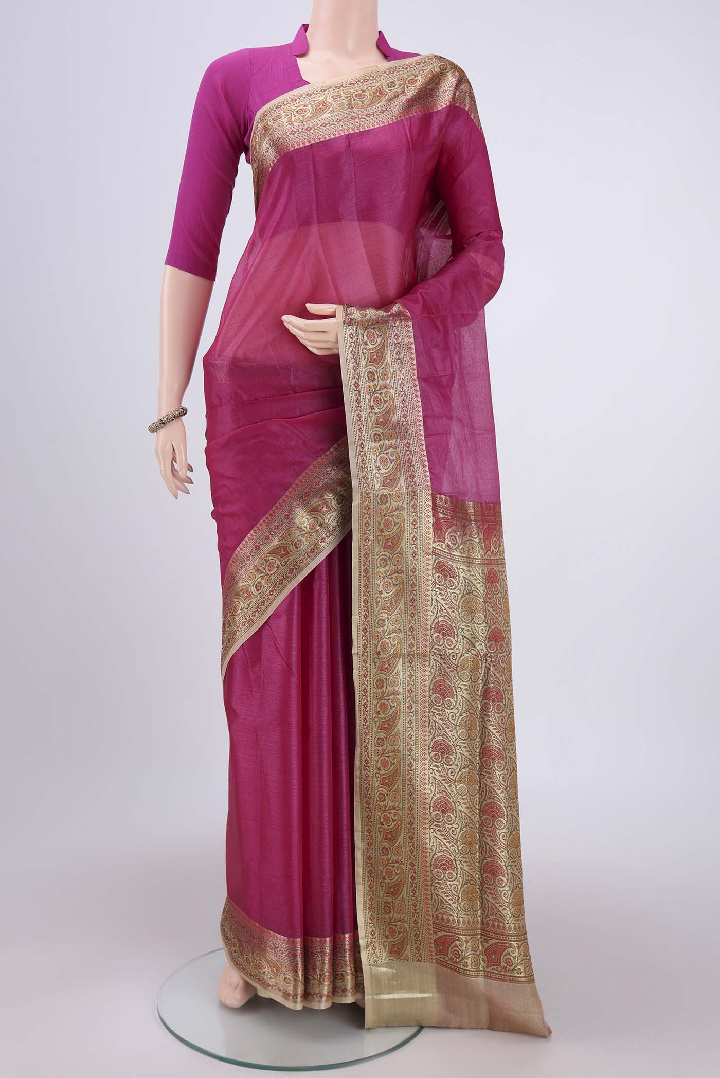 Pink Banarasi Tussar Silk Saree with Plain Body and Zari And Thread Border.  displayed on a mannequin