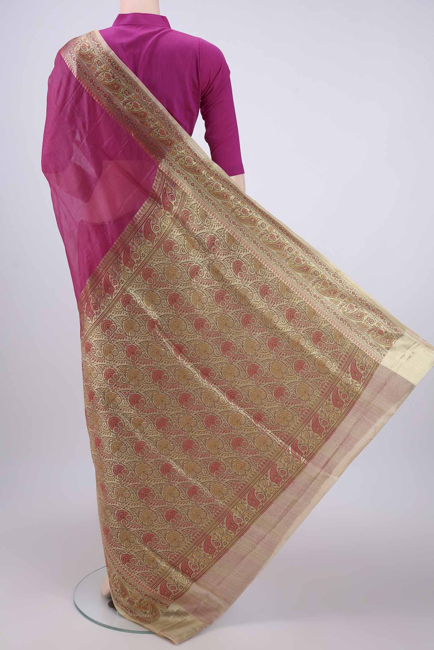 Flat view of Pink Banarasi Tussar Silk Saree with Plain Body and Zari And Thread Border. 