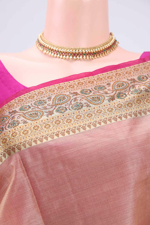 Border image of Beige Banarasi Tussar Silk Saree with Zari Butta on the body and Zari And Thread Border. 