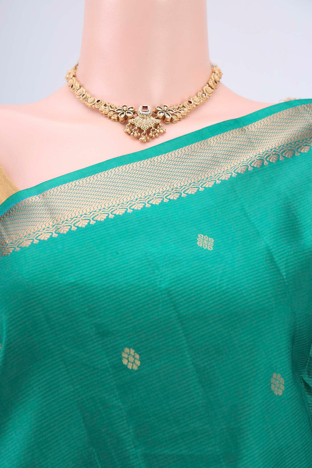 Border image of Sea Green Kanjivaram Silk Saree with Zari Butta on the body and Zari Border. 