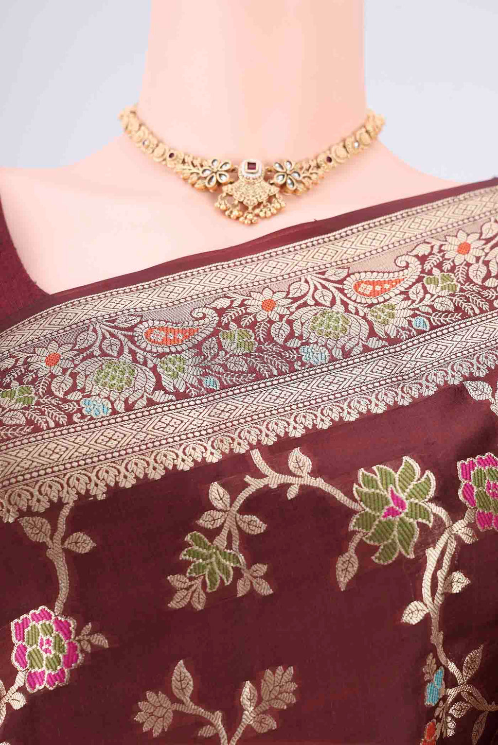Border image of Brown Banarasi Raw Silk Saree with Zari Butta on the body and Zari Border. 