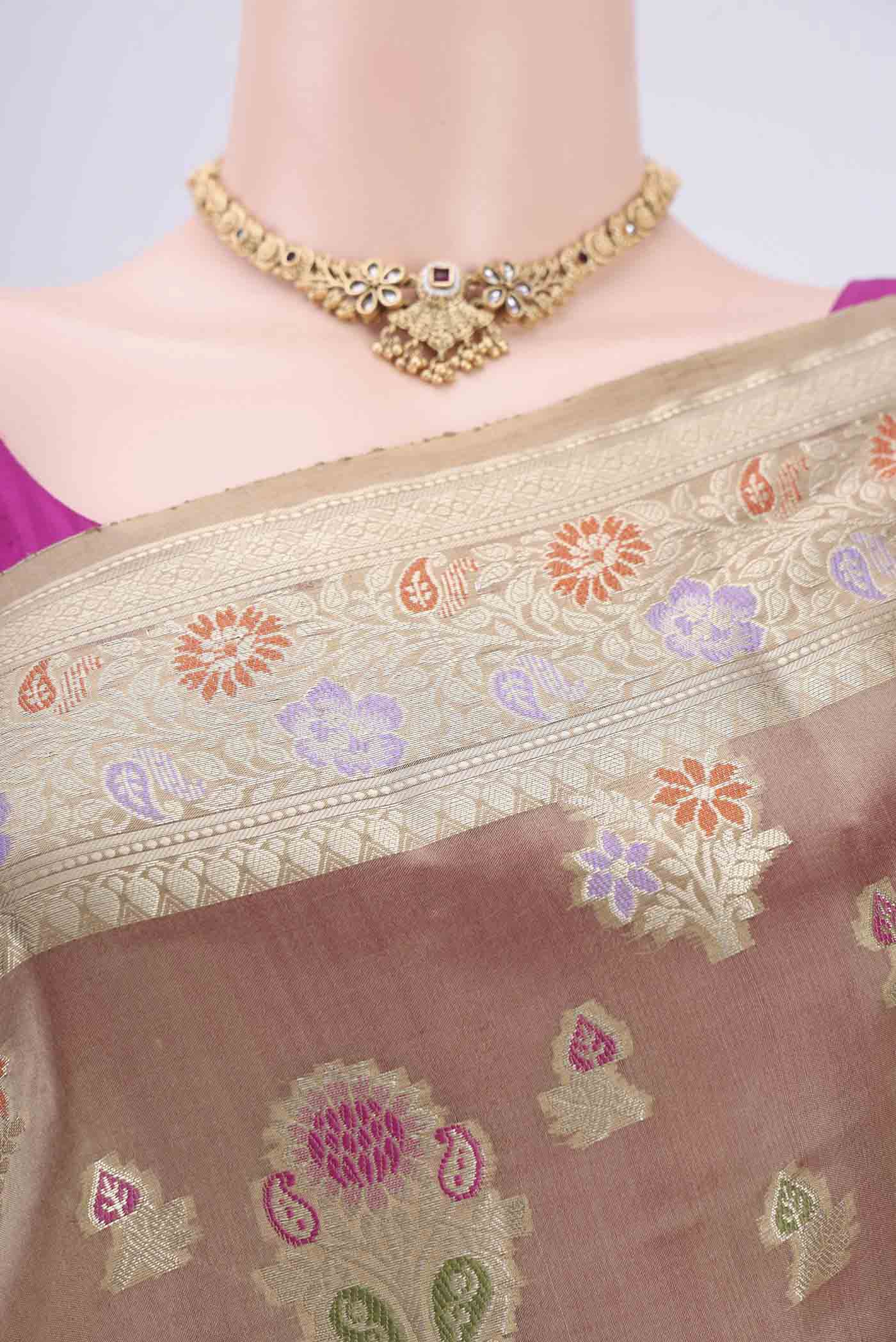 Border image of Dark Beige Banarasi Raw Silk Saree with Zari And Thread Butta on the body and Zari And Thread Border. 