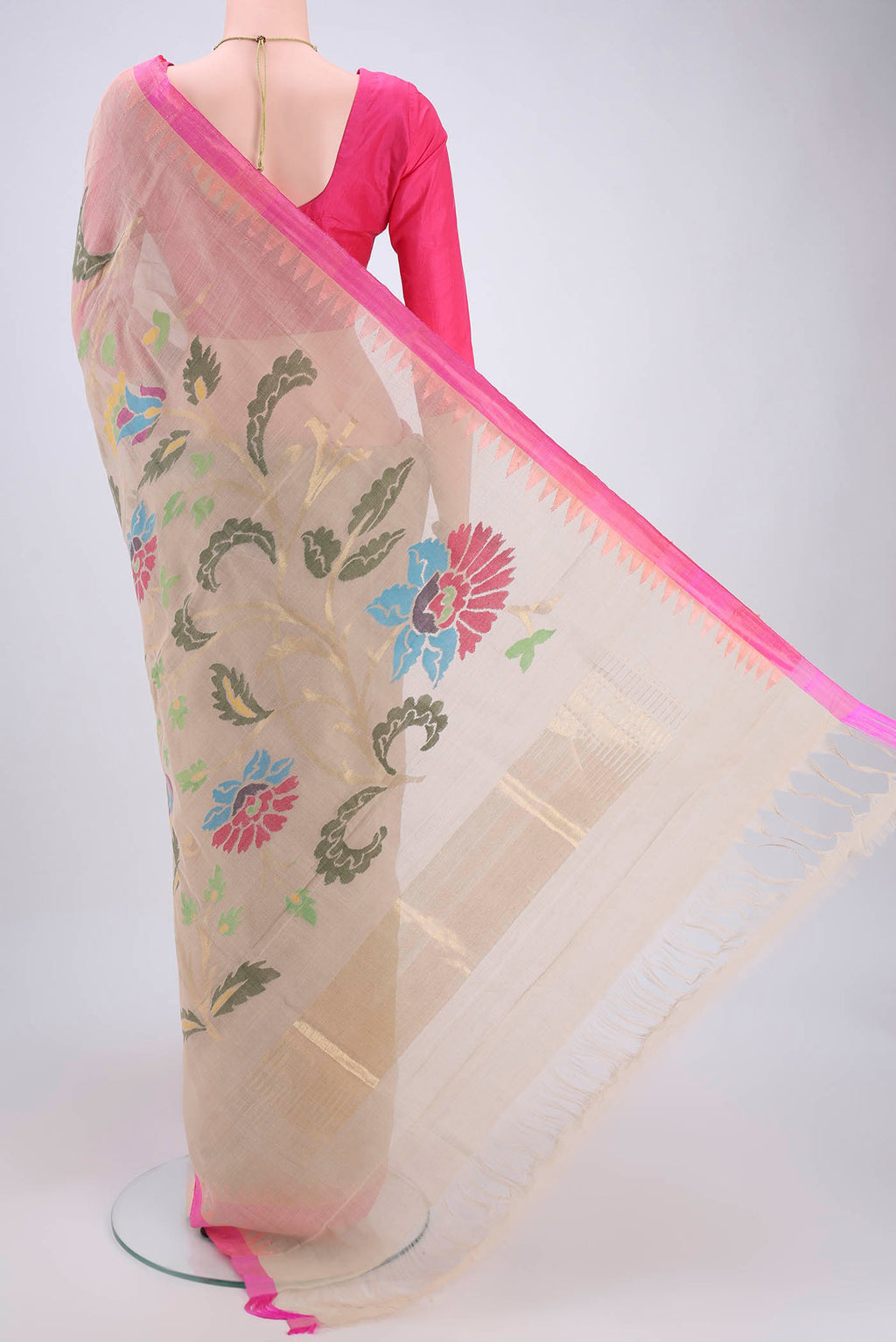 Flat view of Beige Uppada Cotton Saree with Zari And Thread Butta on the body and Thread Border. 