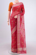 Dark Pink Kota Cotton Saree with Embroidery on the body and Zari Border.  displayed on a mannequin