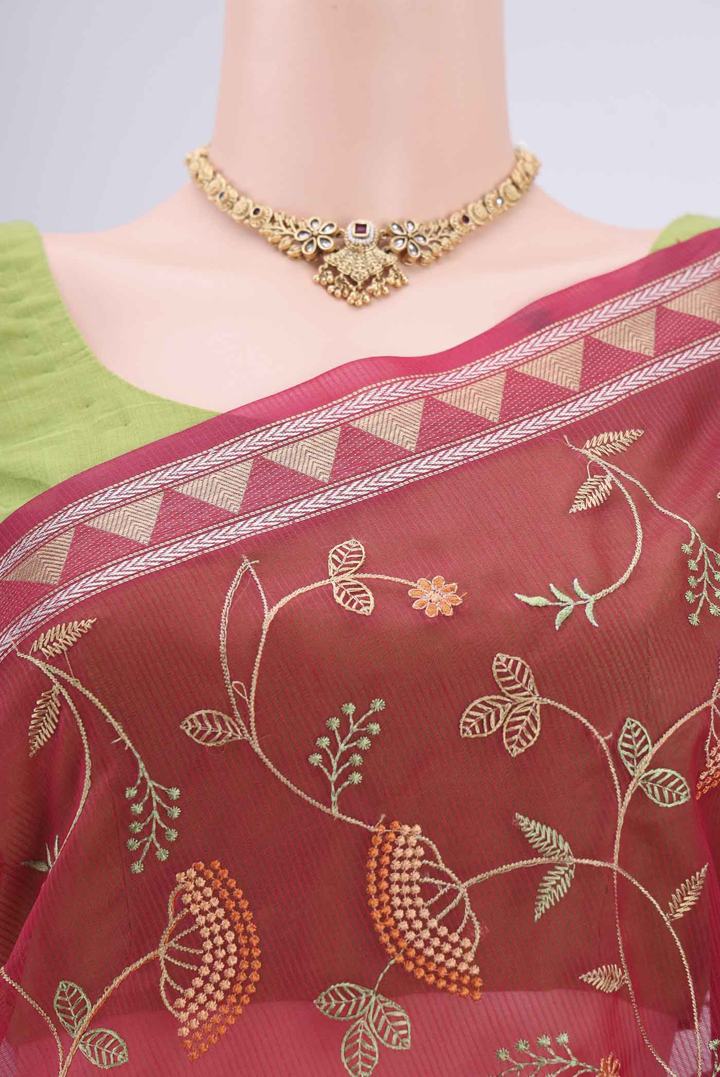 Border image of Dark Pink Blended Kota Cotton Saree with Embroidery on the body and Zari Border. 