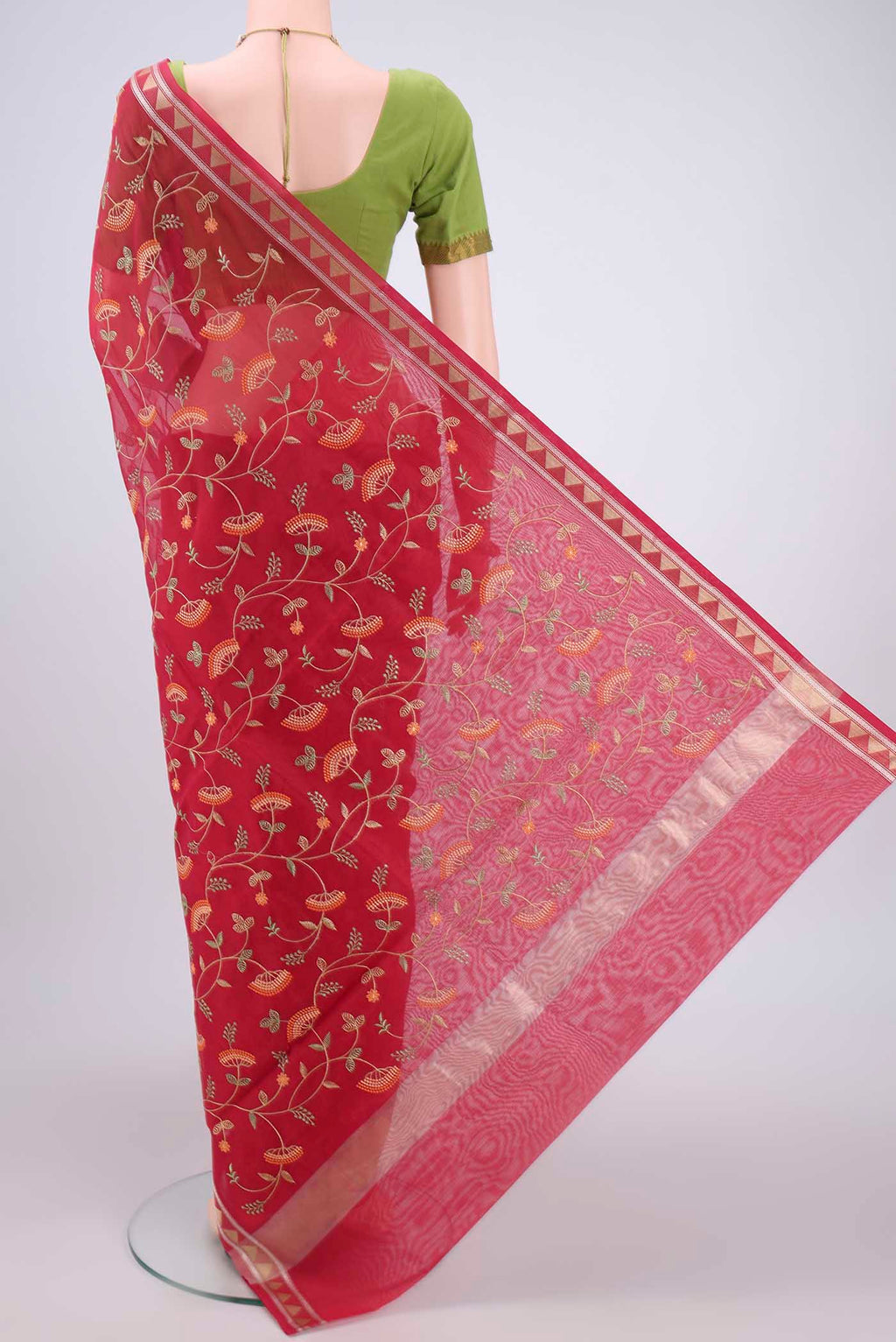 Flat view of Dark Pink Blended Kota Cotton Saree with Embroidery on the body and Zari Border. 