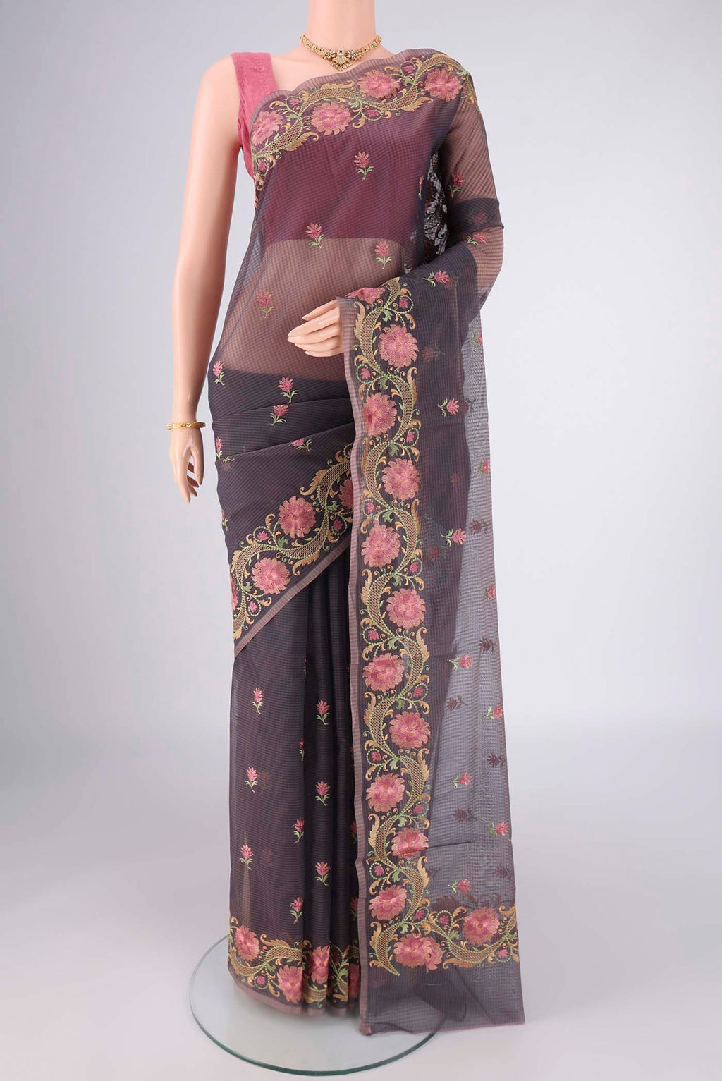 Davys Grey Blended Kota Cotton Saree with Embroidery on the body and Embroidery Border.  displayed on a mannequin