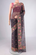Davys Grey Blended Kota Cotton Saree with Embroidery on the body and Embroidery Border.  displayed on a mannequin