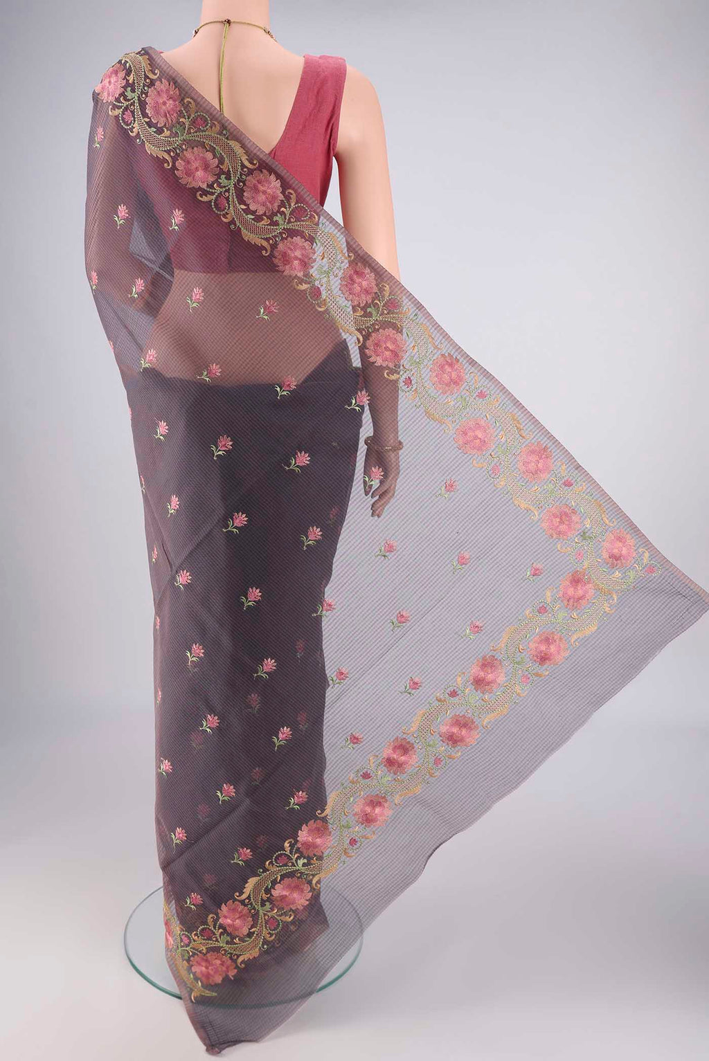 Flat view of Davys Grey Blended Kota Cotton Saree with Embroidery on the body and Embroidery Border. 