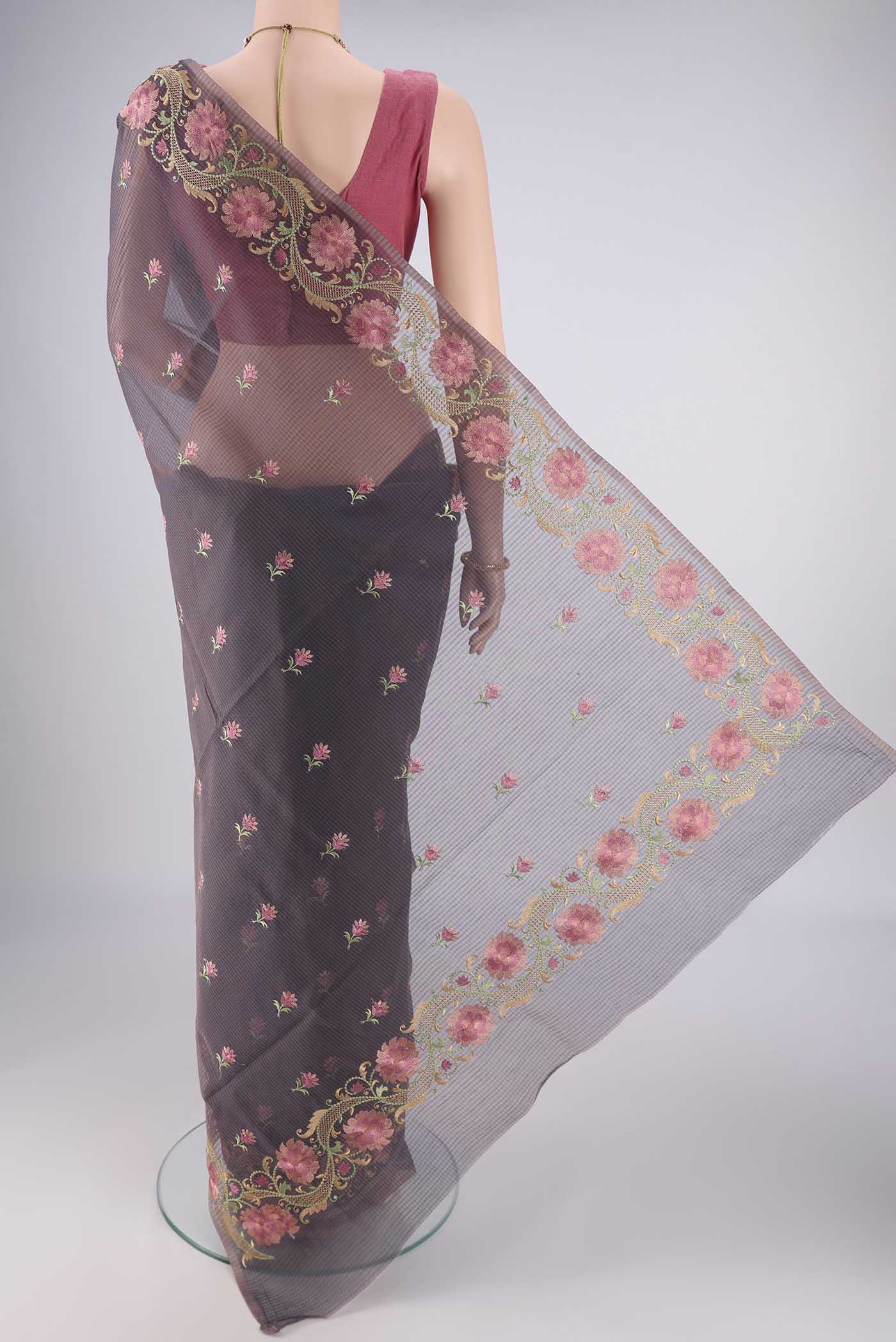 Flat view of Davys Grey Blended Kota Cotton Saree with Embroidery on the body and Embroidery Border. 