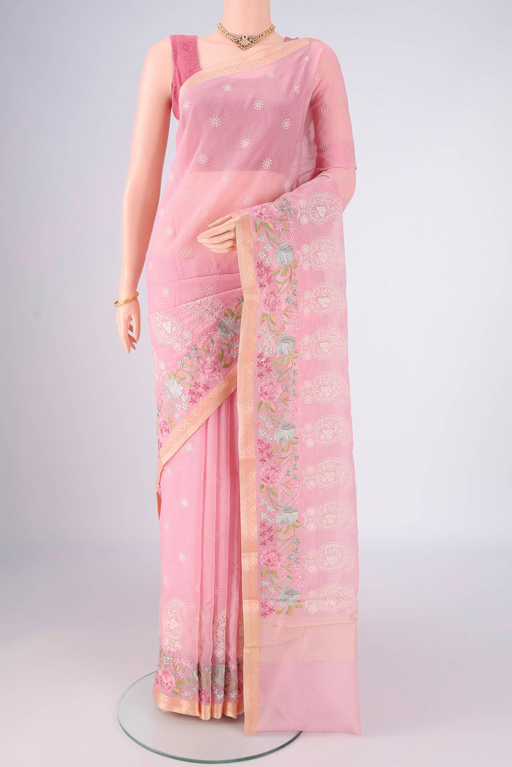 Rose pink Dual Tone Blended Kota Cotton Saree with Embroidery on the body and Embroidery Border.  displayed on a mannequin