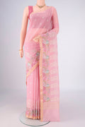 Rose pink Dual Tone Blended Kota Cotton Saree with Embroidery on the body and Embroidery Border.  displayed on a mannequin
