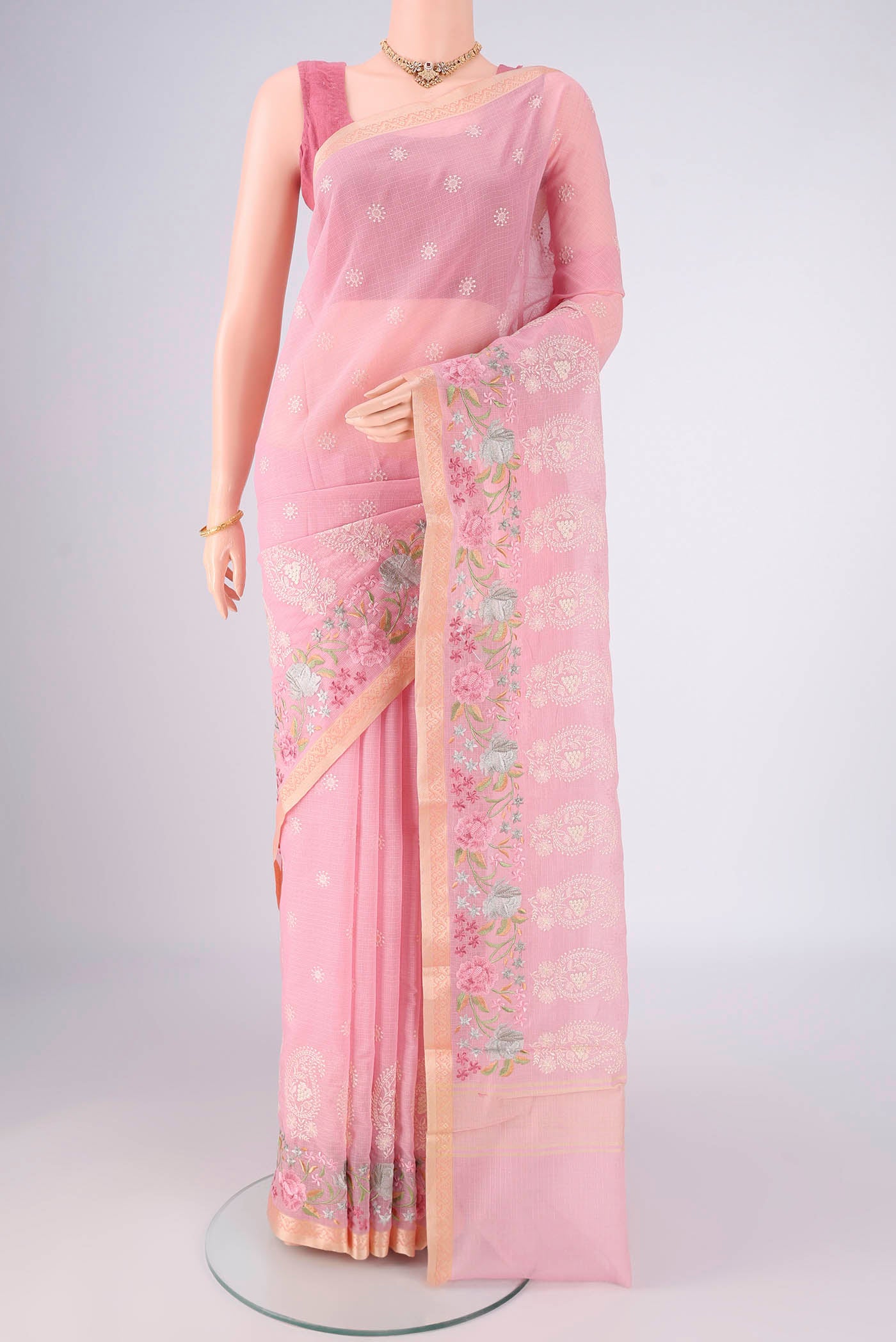 Rose pink Dual Tone Blended Kota Cotton Saree with Embroidery on the body and Embroidery Border.  displayed on a mannequin