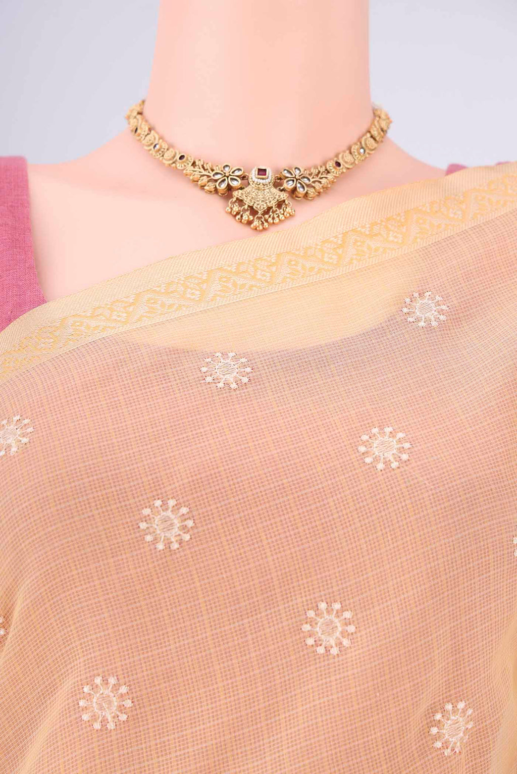 Border image of Sandal Blended Kota Cotton Saree with Embroidery on the body and Thread Border. 