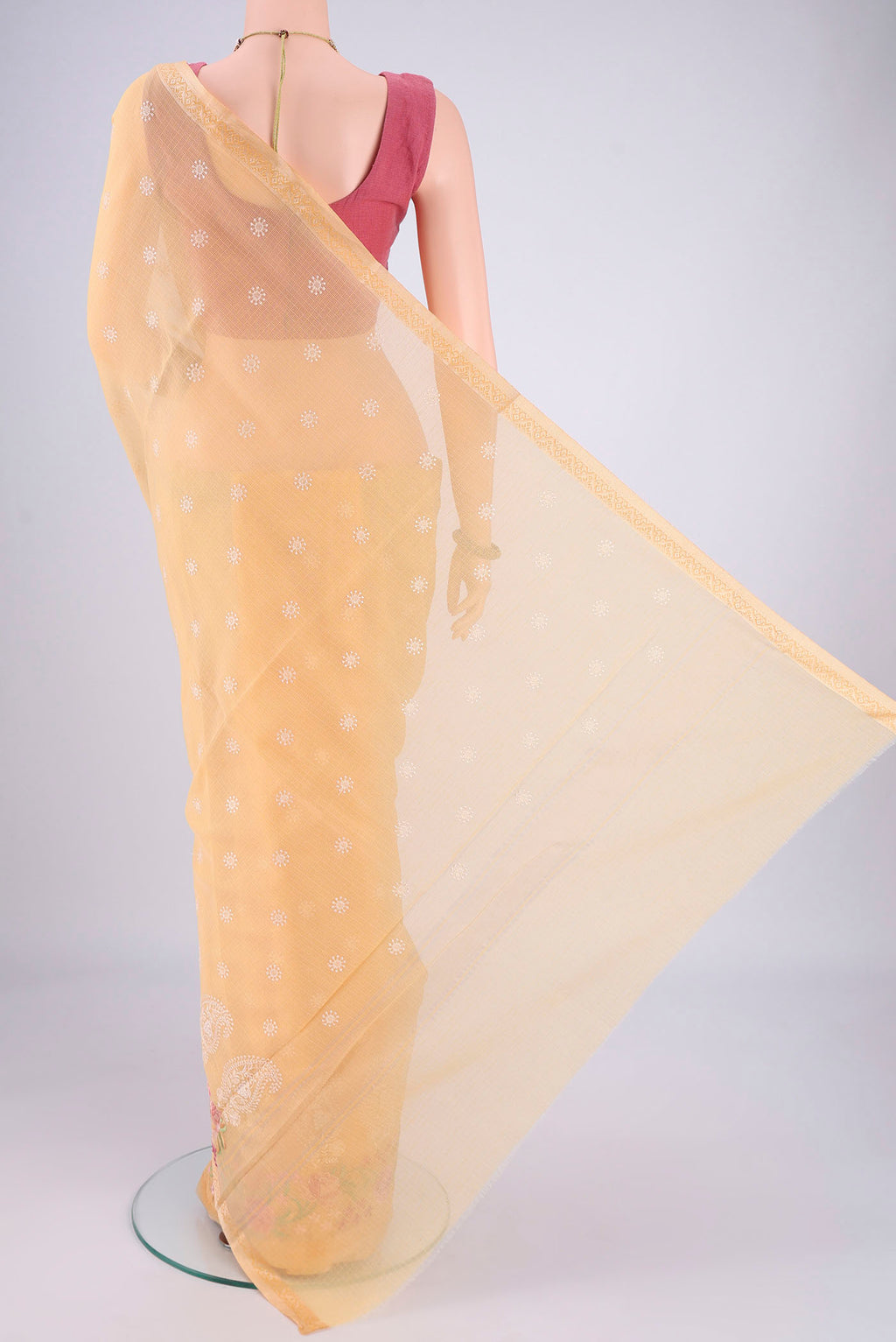 Flat view of Sandal Blended Kota Cotton Saree with Embroidery on the body and Thread Border. 