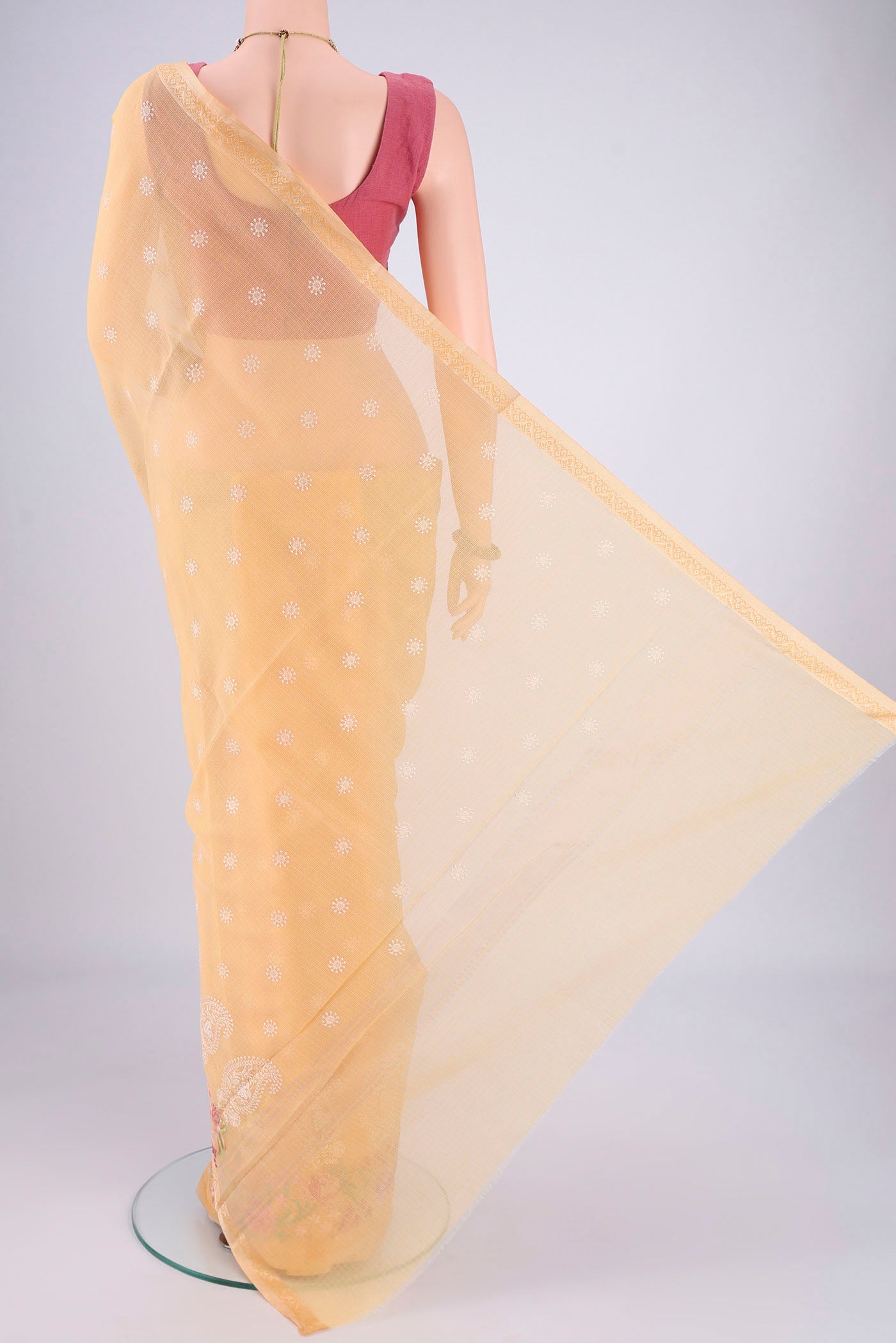 Flat view of Sandal Blended Kota Cotton Saree with Embroidery on the body and Thread Border. 