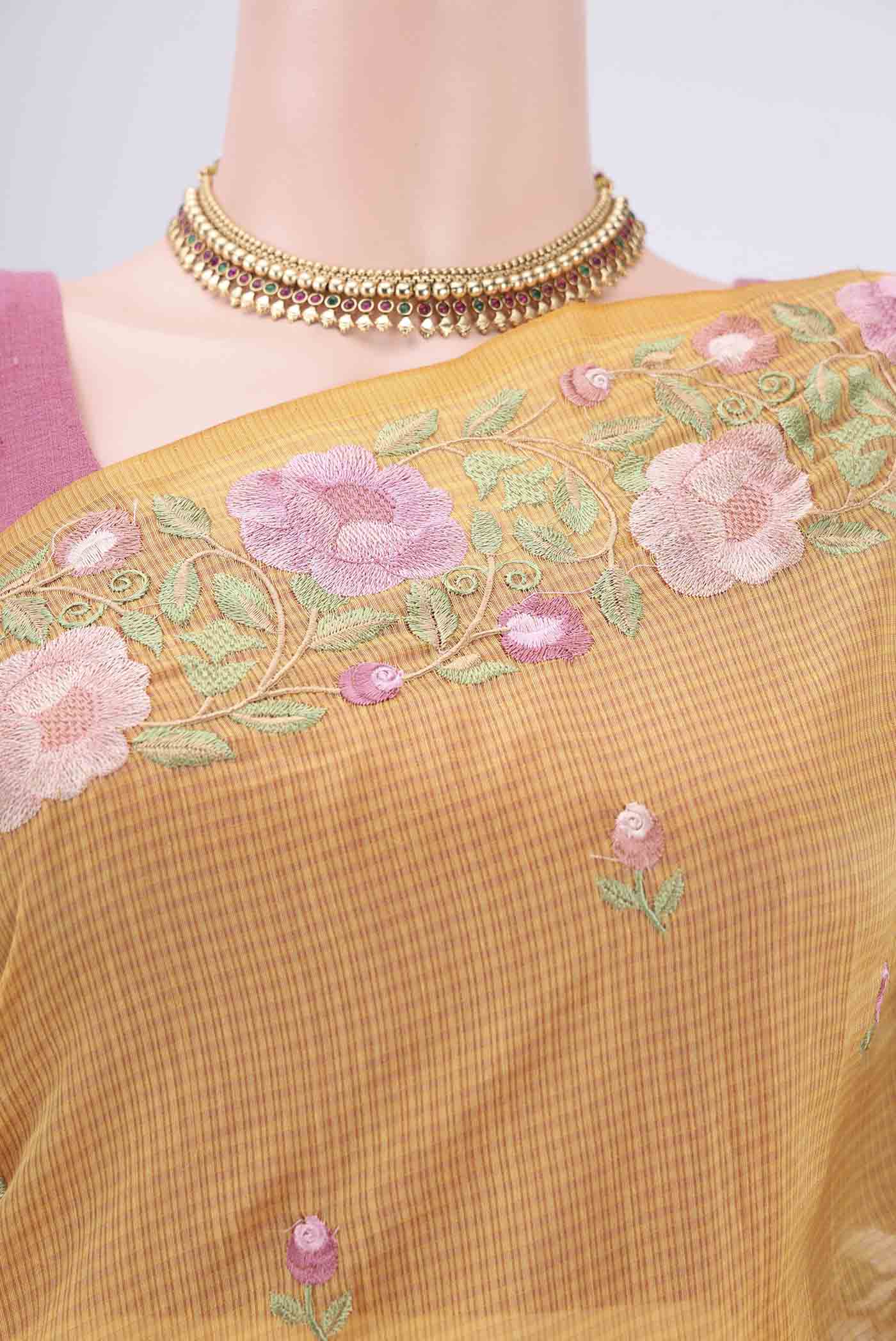 Border image of Yellow Kota Cotton Saree with Embroidery on the body and Thread Border. 