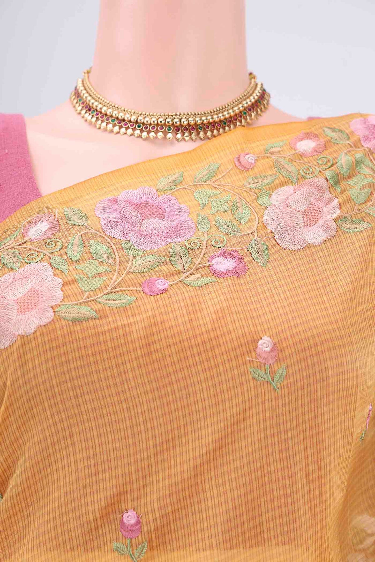 Border image of Yellow Kota Cotton Saree with Embroidery on the body and Thread Border. 
