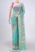 Turquoise Kota Silk Saree with Embroidery on the body and Plain Border.  displayed on a mannequin