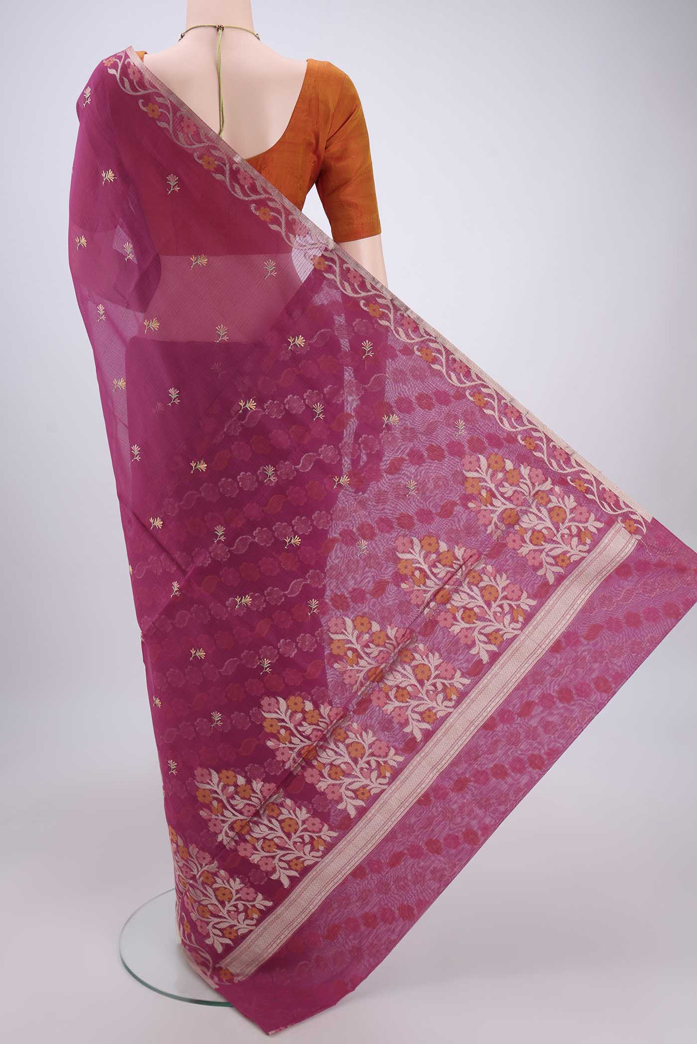 Flat view of Dark Pink Kota Cotton Saree with Embroidery on the body and Zari Border. 