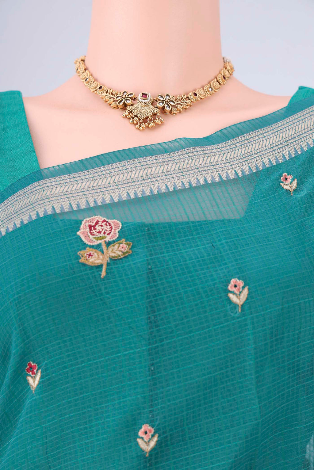 Border image of Sea Green Blended Kota Cotton Saree with Embroidery on the body and Zari Border. 