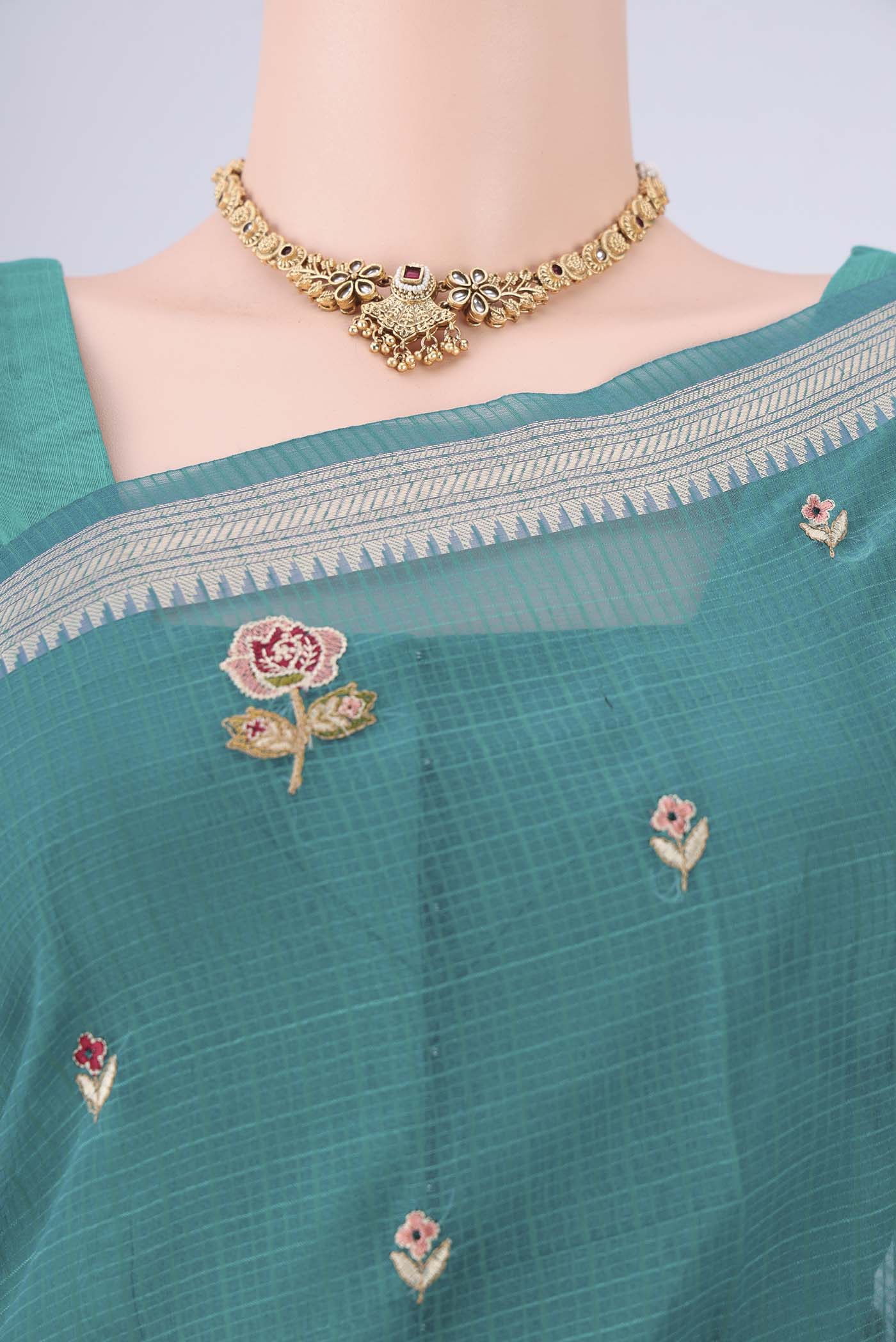 Border image of Sea Green Blended Kota Cotton Saree with Embroidery on the body and Zari Border. 