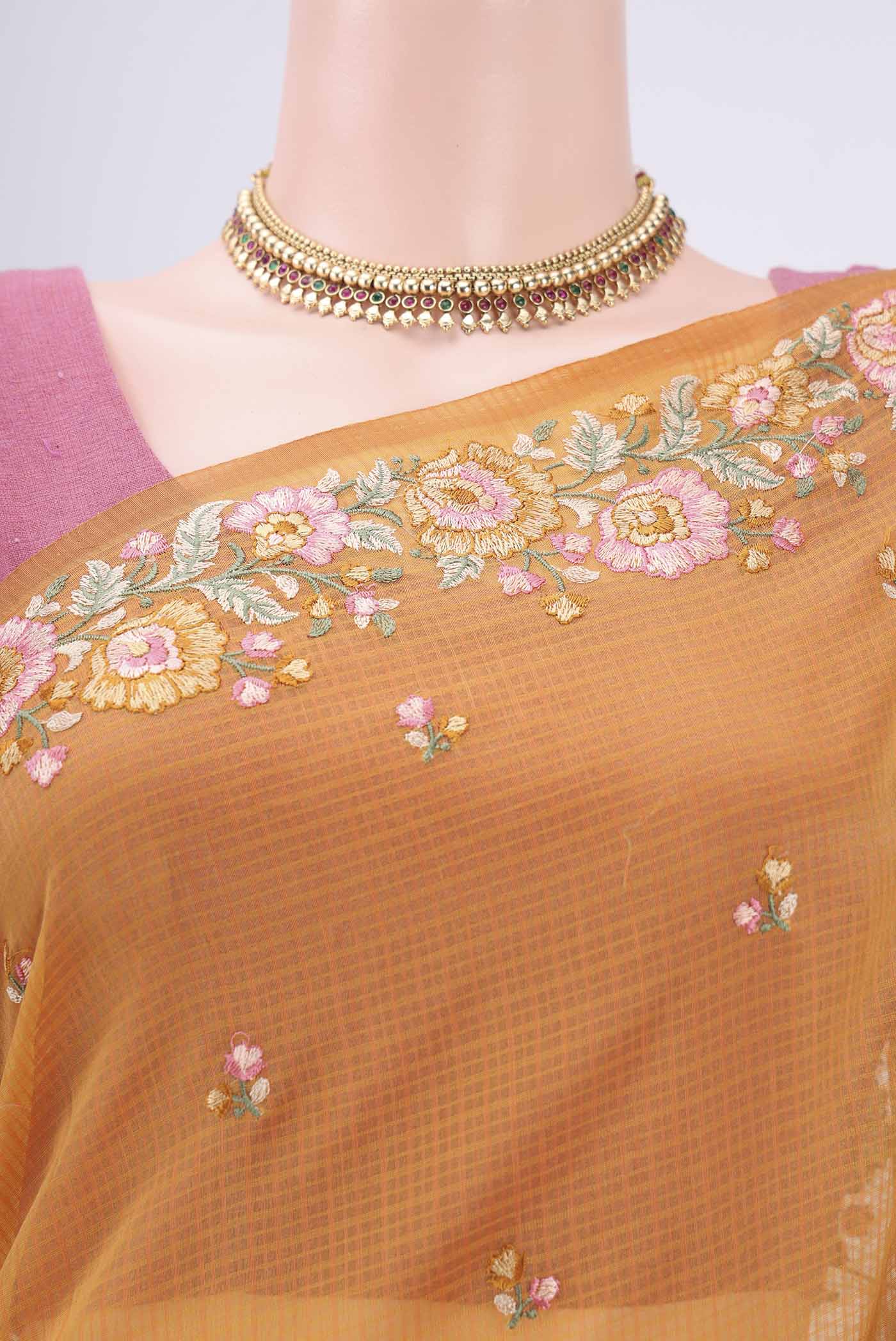 Border image of Brick Orange Kota Cotton Saree with Embroidery on the body and Thread Border. 