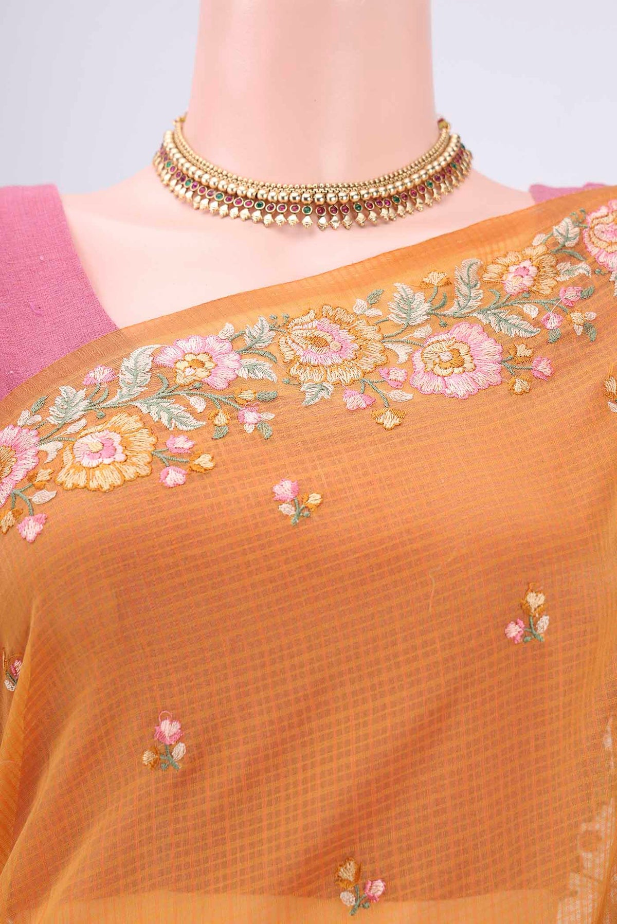 Border image of Brick Orange Kota Cotton Saree with Embroidery on the body and Thread Border. 