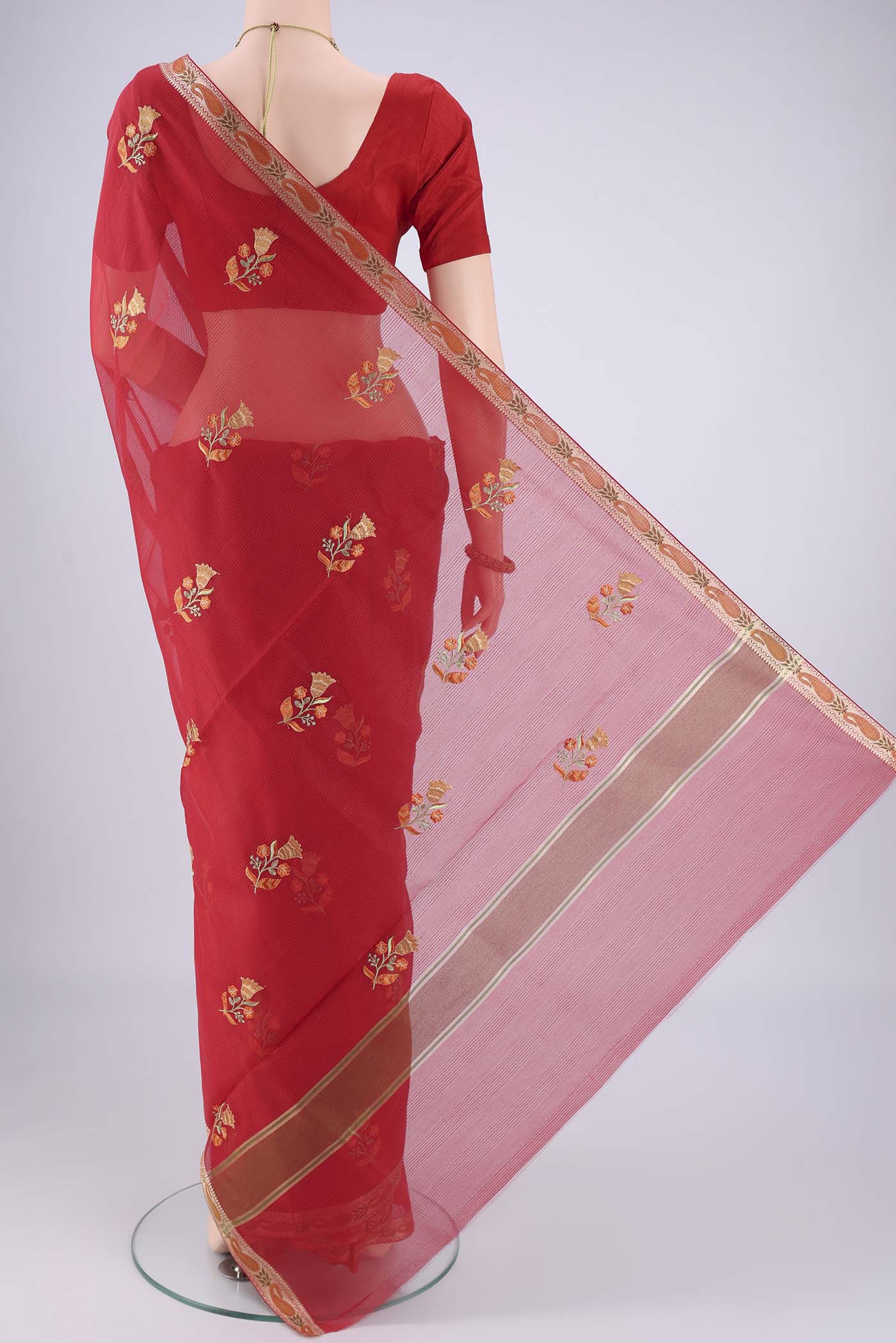 Flat view of Red Blended Kota Cotton Saree with Embroidery on the body and Zari And Thread Border. 